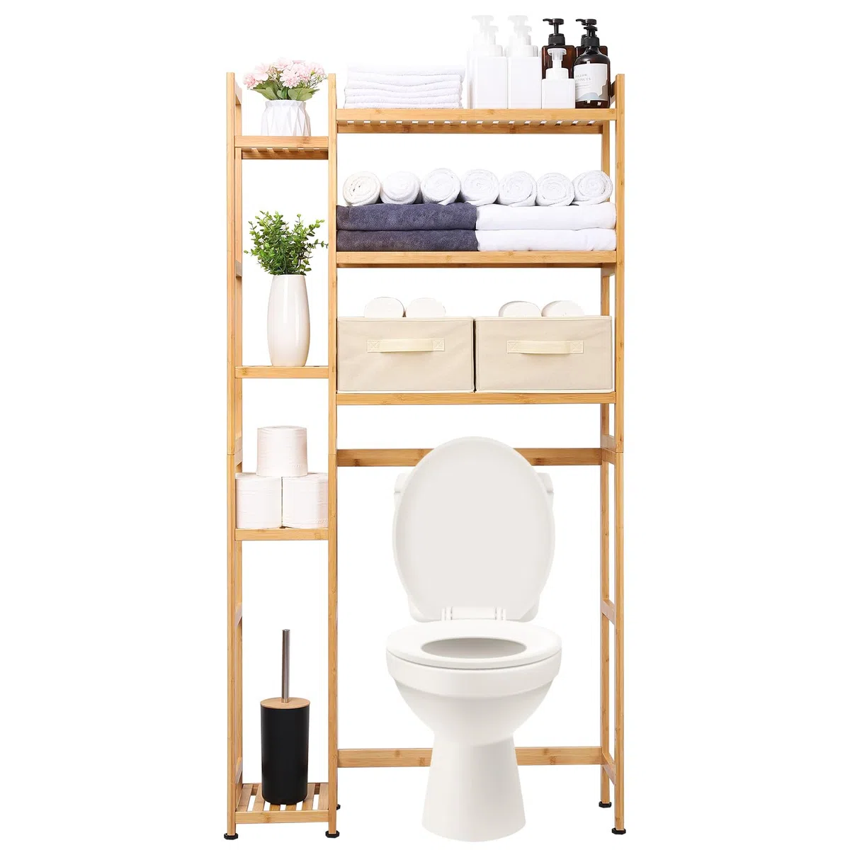 Yorbay Estantería para inodoro con 2 cestas, estantería de baño de bambú, 3 niveles ajustable, con almohadilla impermeable para los pies, multifuncional, ahorra espacio, fácil montaje (natural)