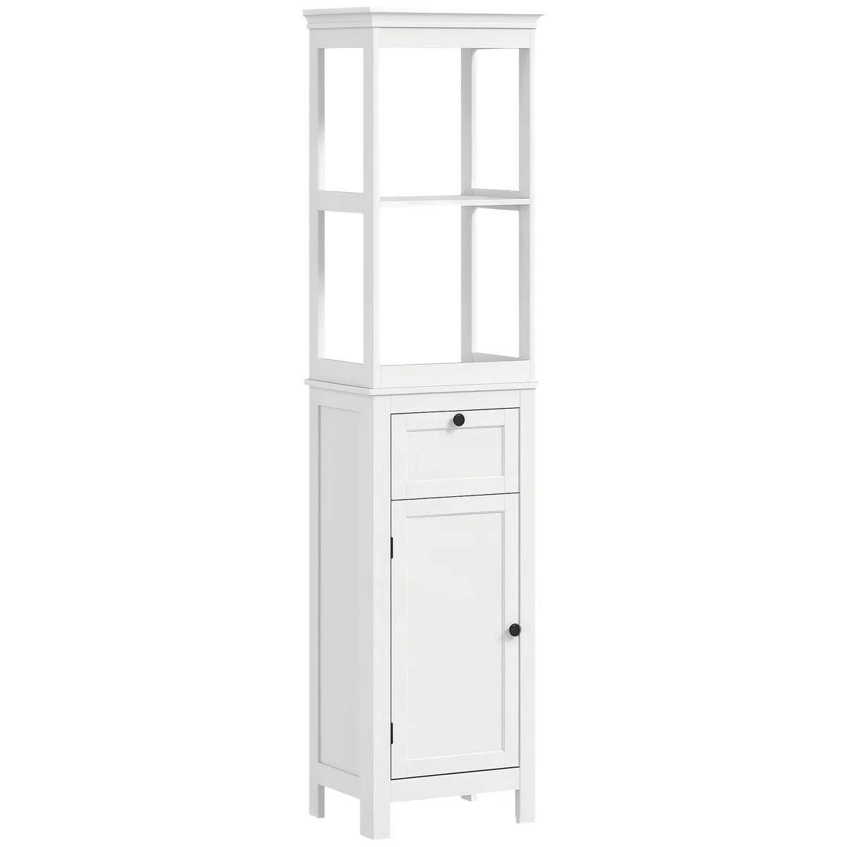 HOMCOM Columna de Baño Armario de Baño 40x30x165 cm con Cajón Puerta Estante Ajustable y 2 Compartimientos Estilo Moderno Blanco