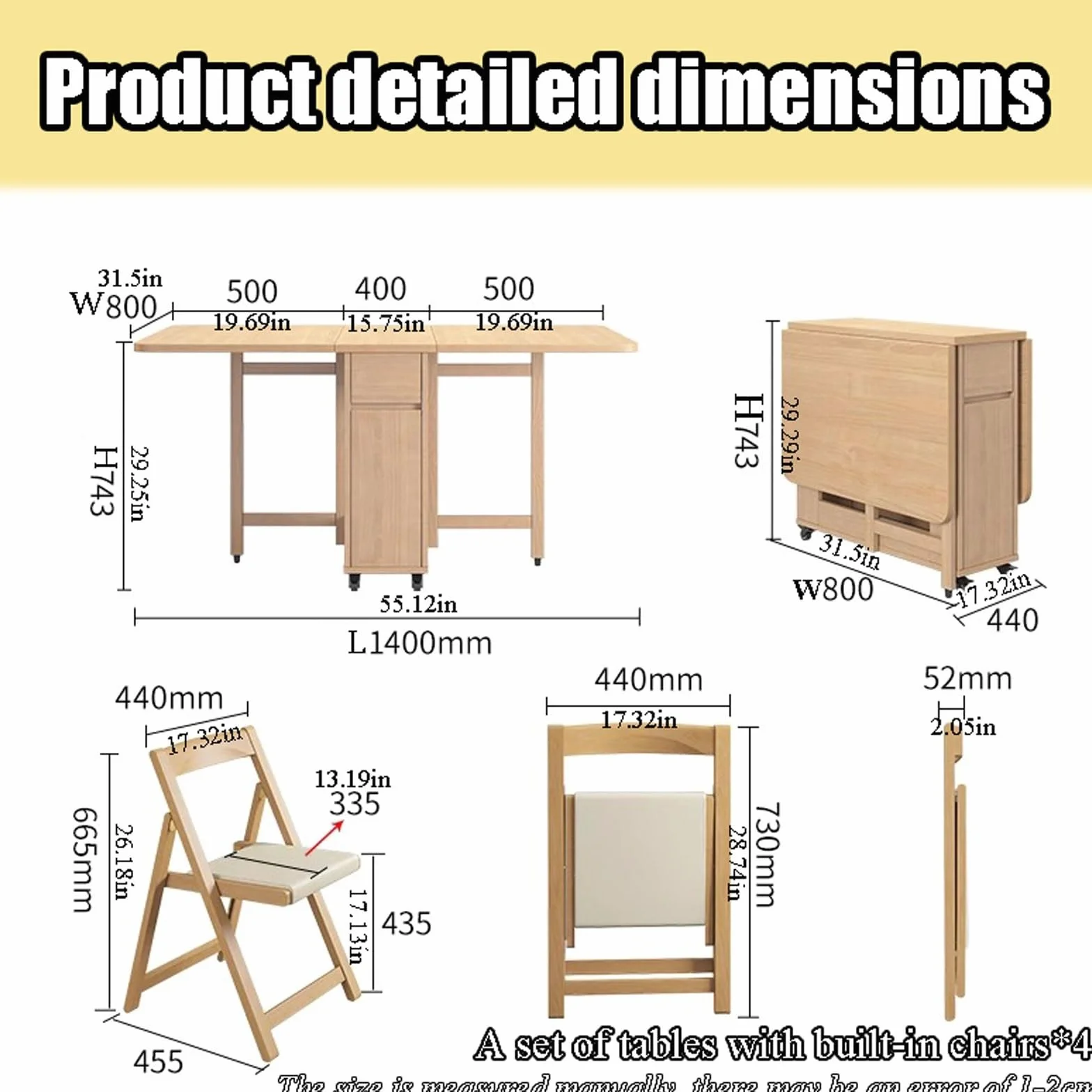 Genérico Juego de Mesa de Comedor Plegable con 4 sillas. Las sillas se Pueden Guardar Dentro de la Mesa. con Patas Ajustables. Fácil Montaje. Ahorra Espacio. Ideal para el Comedor o la Cocina