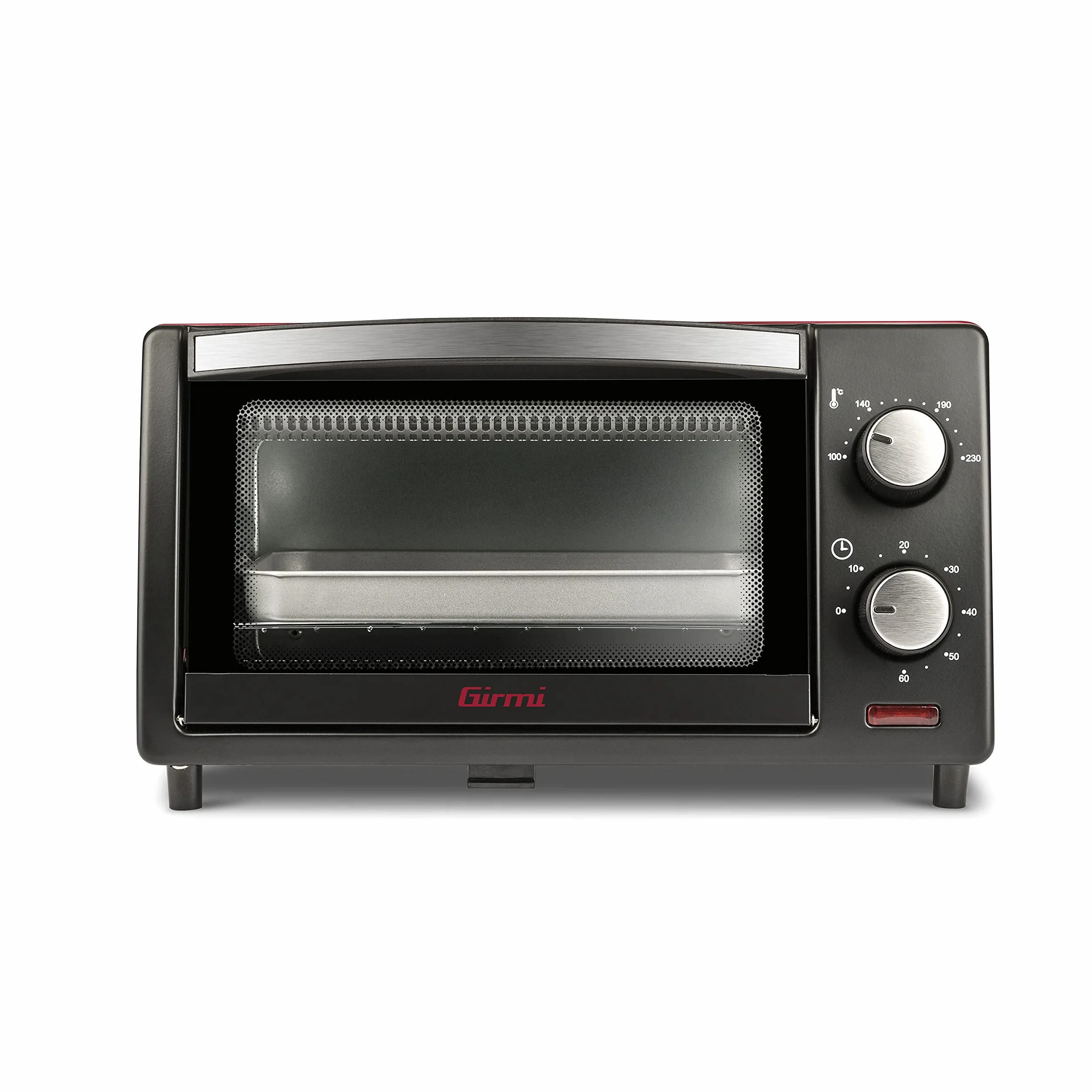 Girmi FE10 Horno de convección de Sobremesa de 10 Litros, 800 W, Temporizador de 60 minutos, Accesorios incluidos, Negro/Rojo