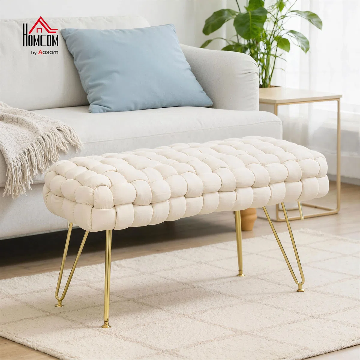 HOMCOM Banco Pie de Cama Tapizado en Terciopelo Banqueta Dormitorio Pie de Cama con Patas Doradas y Asiento Acolchado para Entradas Crema