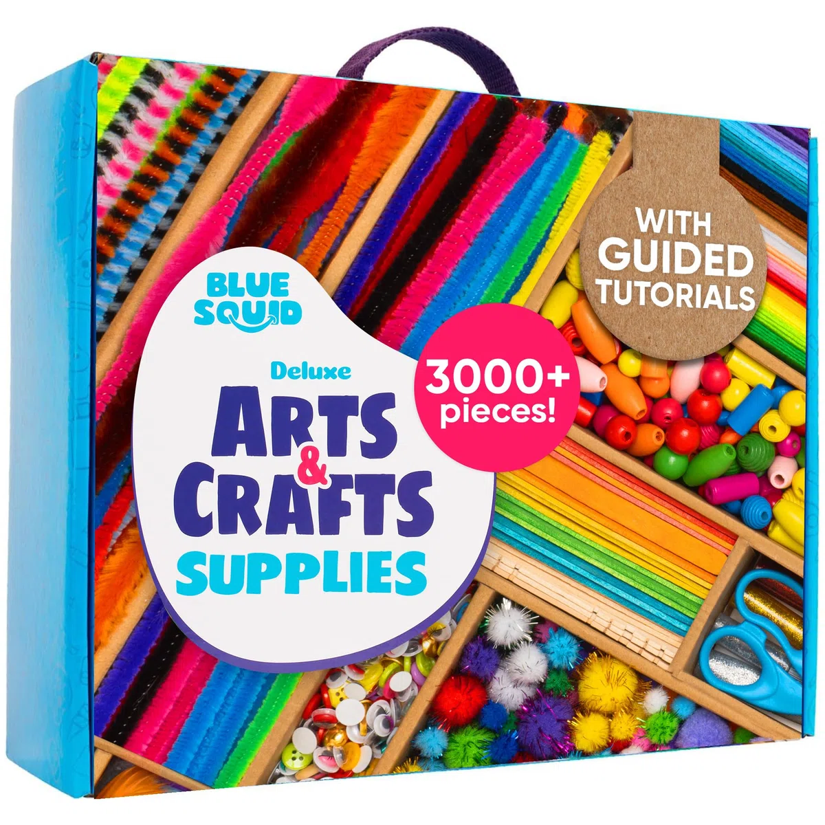 Blue Squid Cofre de artes y manualidades, más de 3000 piezas, caja de suministros de manualidades de lujo, 2 cajones, 18 compartimentos, mango resistente, kit de manualidades de arte, regalos de