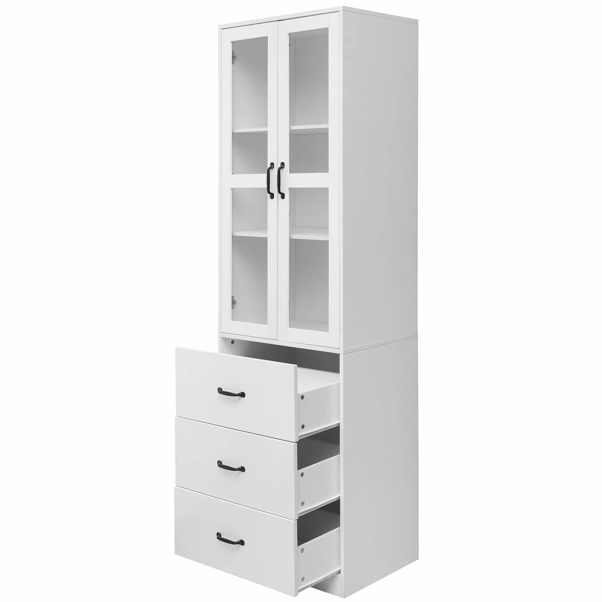 Vitrina blanca 200 cm, 3 cajones, 2 divisores móviles, 2 puertas de cristal, iluminación LED - adición elegante