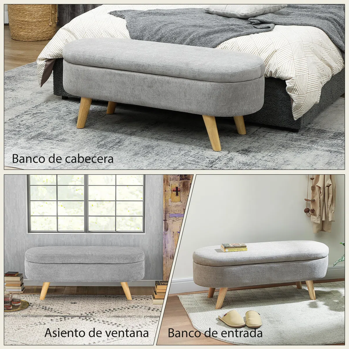 HOMCOM Banco Pie de Cama, Puff Almacenaje Tapizado en Terciopelo de Teddy con Patas de Madera y Asiento Acolchado, Banco de Almacenaje Ovalado para Dormitorio, Entrada, Pasillo, Gris Claro