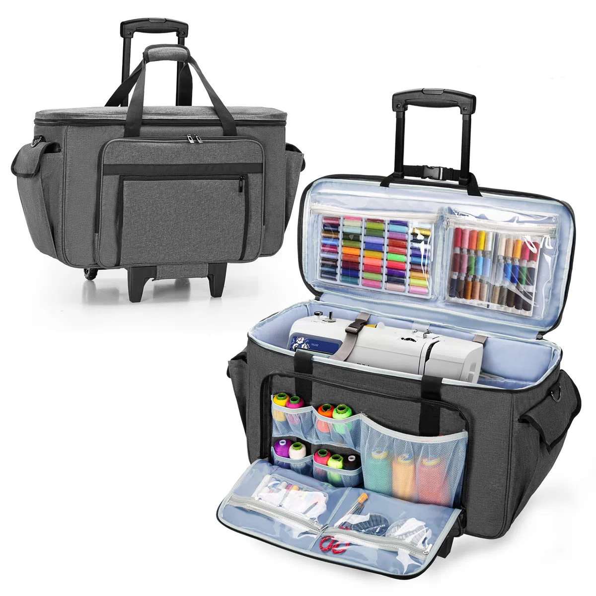 CURMIO Maleta de Transporte con Ruedas para Máquina de Bordar, Bolsa para Maquina de Coser con Tabla de Soporte Inferior y Bolsillos para Accesorios de Costura, Gris