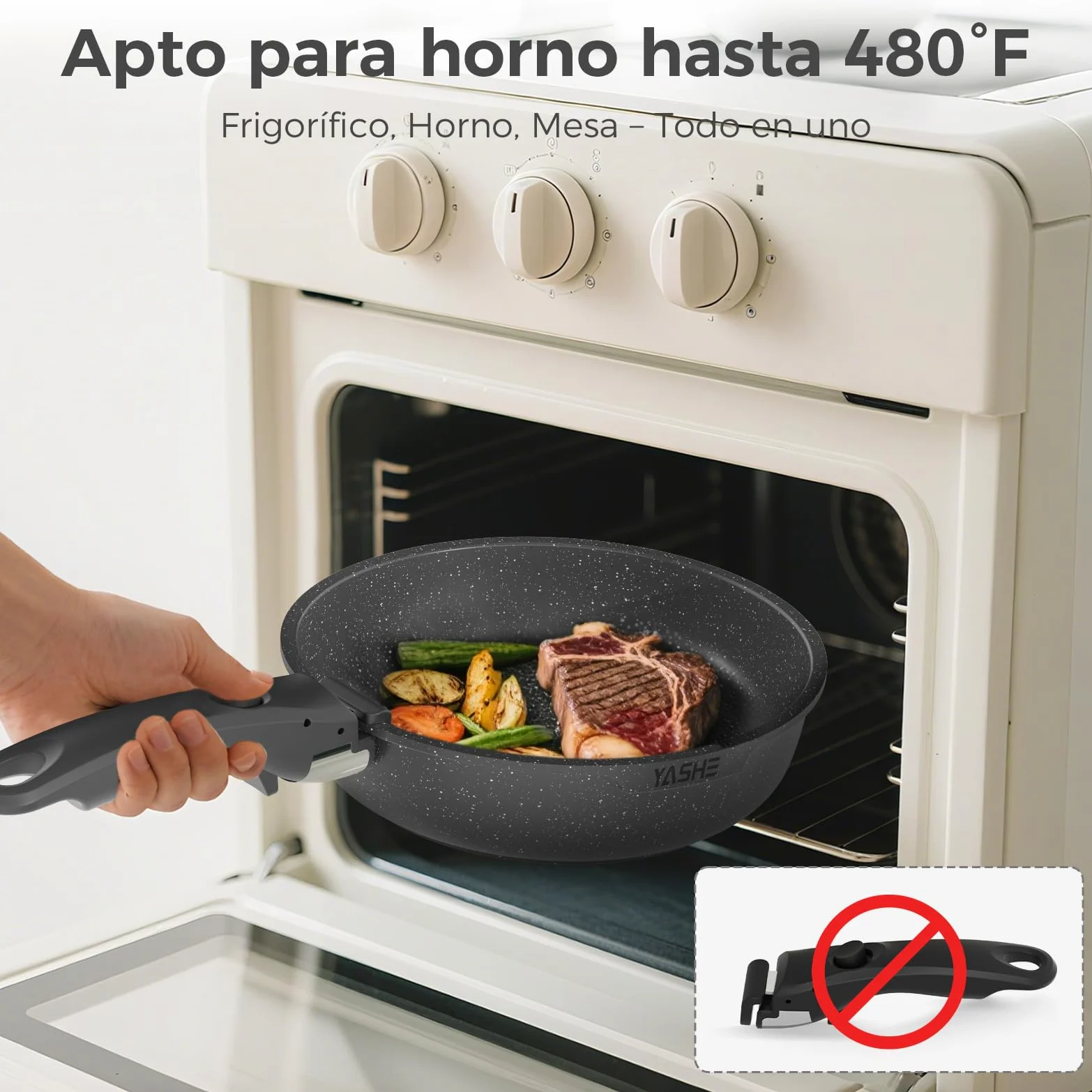 YASHE Juego de ollas y sartenes 15 piezas, revestimiento antiadherente granito, mangos desmontables, apilable, fácil de limpiar, compatible con inducción, gas y vitrocerámica, Blanco