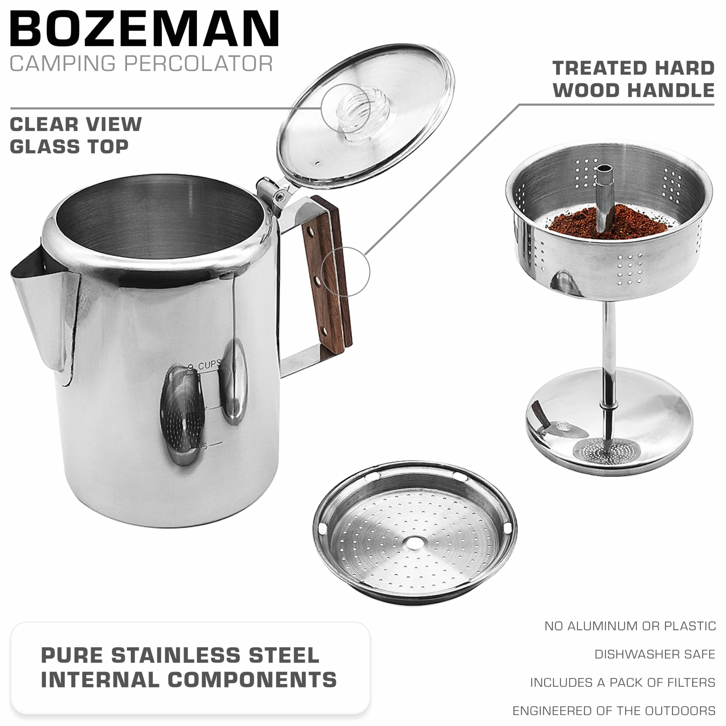 COLETTI Bozeman - Cafetera percolador de café, cafetera para camping, cafetera con percolador superior de estufa, sin aluminio ni plástico [9 tazas]