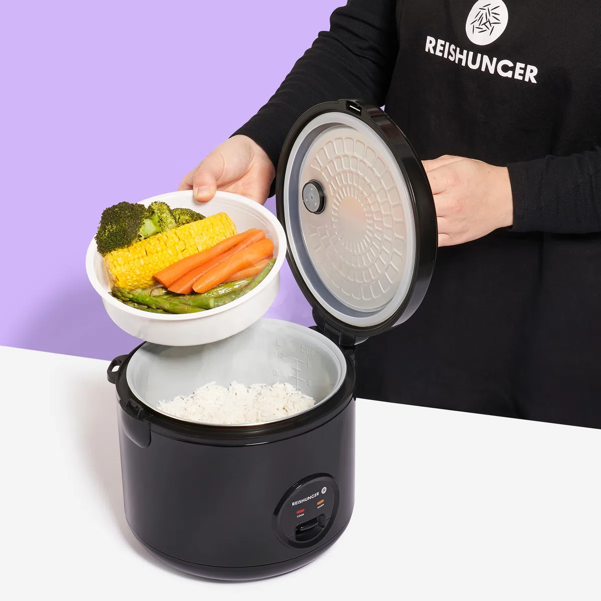 Reishunger Olla Arrocera Electrica y Vaporera con Función de Mantenimiento del Calor, Negra - Para 1-6 Personas - Preparación rápida sin quemarse - Revestimiento de Cerámica