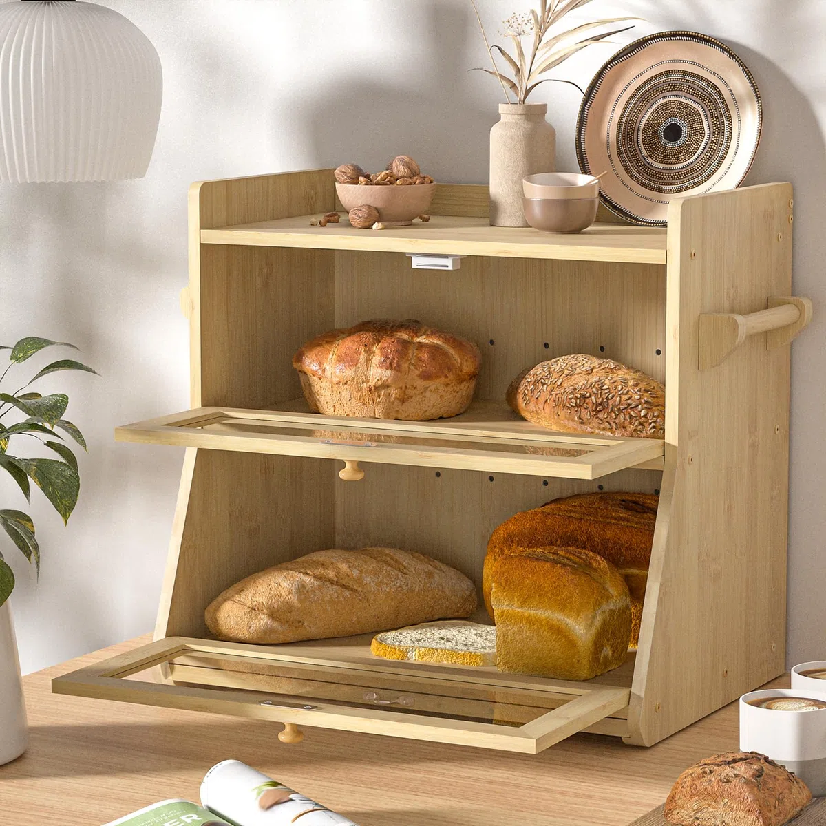 Panera de Bambú de 2 capas Con Tabla de Cortar y Caja de Almacenamiento, Visualizada para Pan Tostado, 40 x 28 x 38 cm, Bambú Natural
