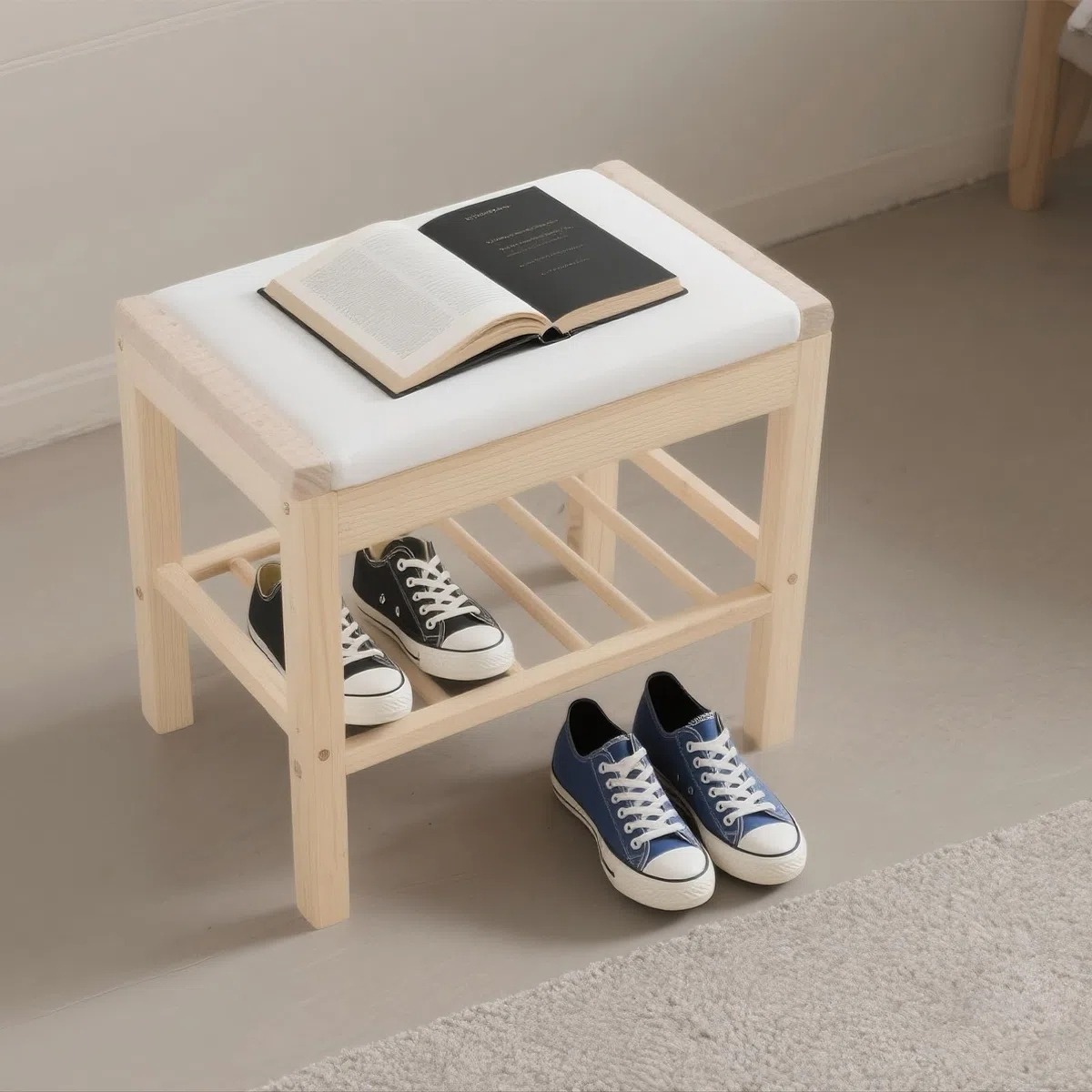 Zapatero de madera con asiento, 45 x 30 x 40 cm, zapatero con cojín, 2 niveles para pasillo, entrada, salón (color registro)