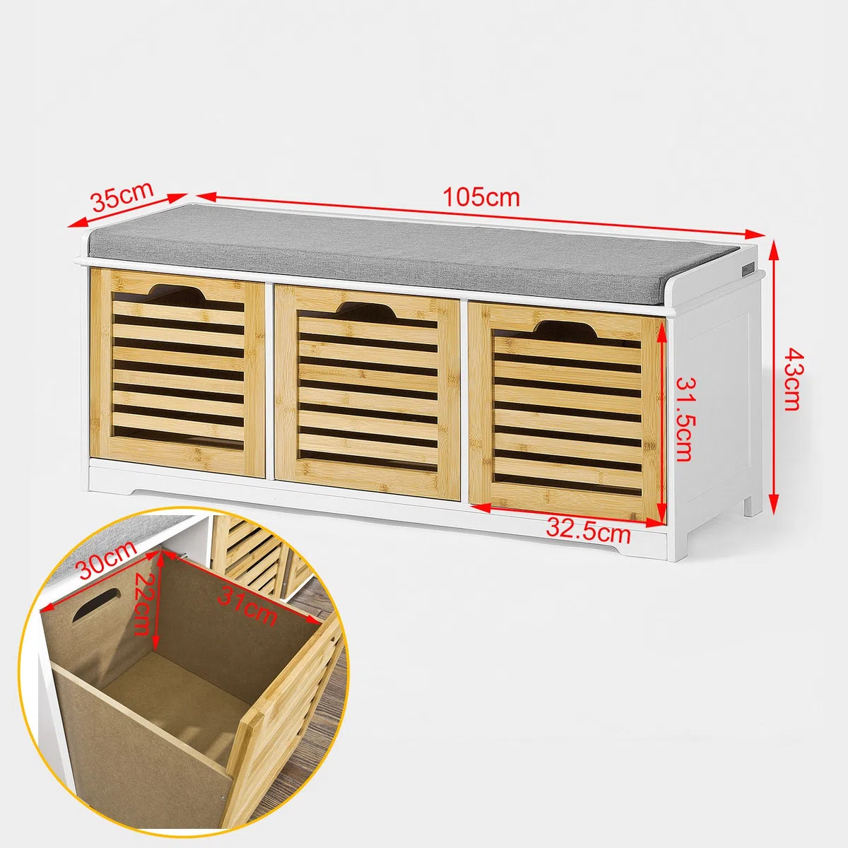 SoBuy Banco Zapatero con Asiento, Banco Almacenaje con 3 Cubos y Cojín Acolchado – Banco Entrada Recibidor Natural y Blanco, 105 x 35 x 43 cm, Soporta 150kg – FSR23-WN