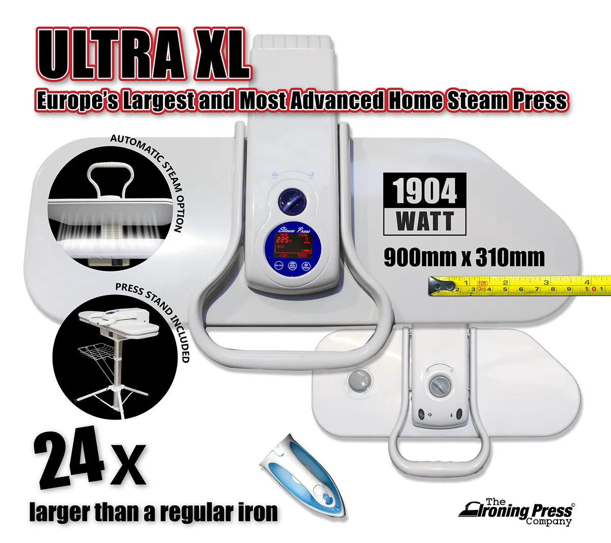 Prensa de Planchado a Vapor Ultra XL con Soporte - El Sistema de Planchado a Vapor Doméstico más Grande y Avanzado de Europa (90cm x 31cm, 2.200 vatios) Para un Planchado Ultrarrápido!