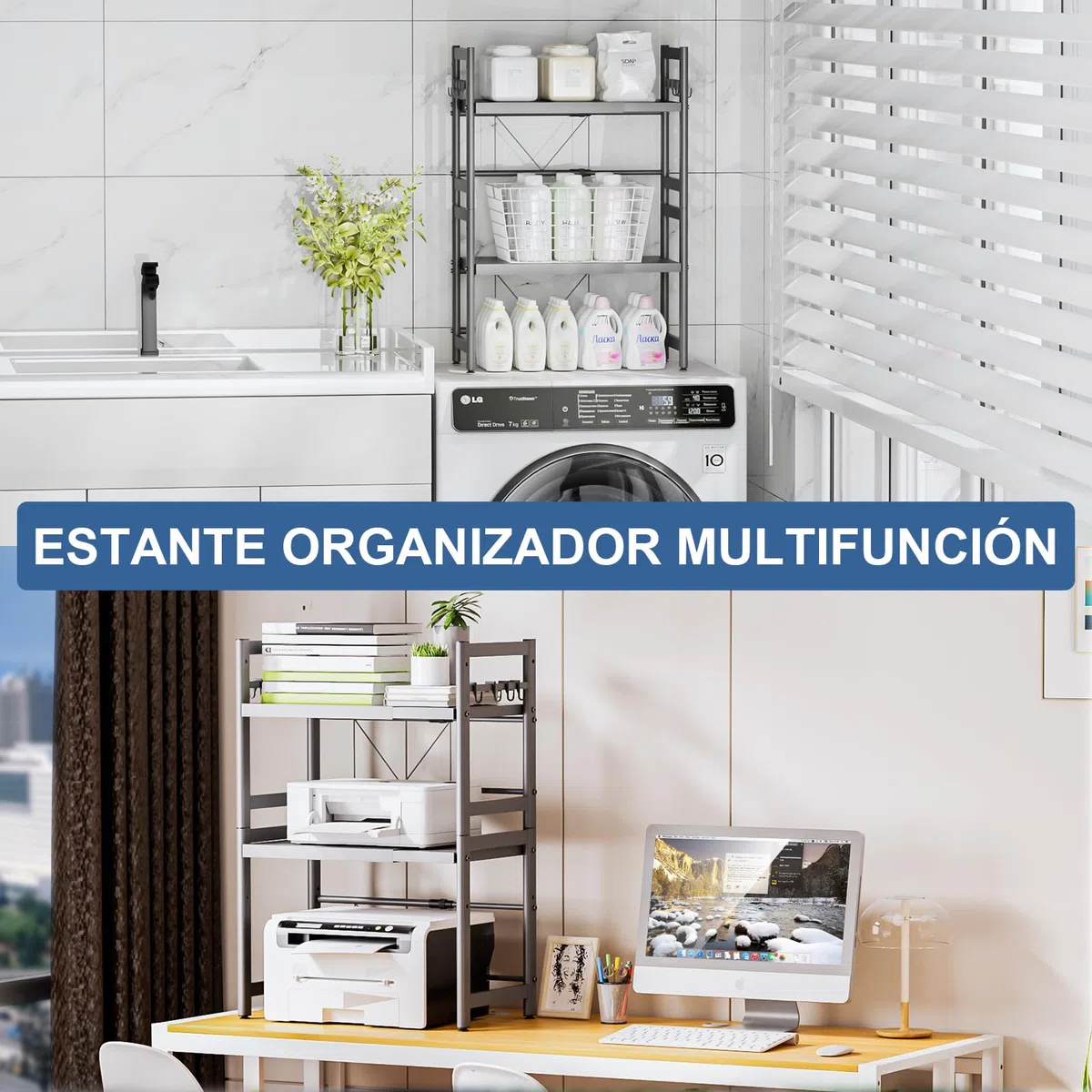 Soporte para Microondas y Horno Cocina 3 Niveles, Estanteria para Microondas Encimera con 8 Ganchos, Mueble Extensible Microondas Cocina
