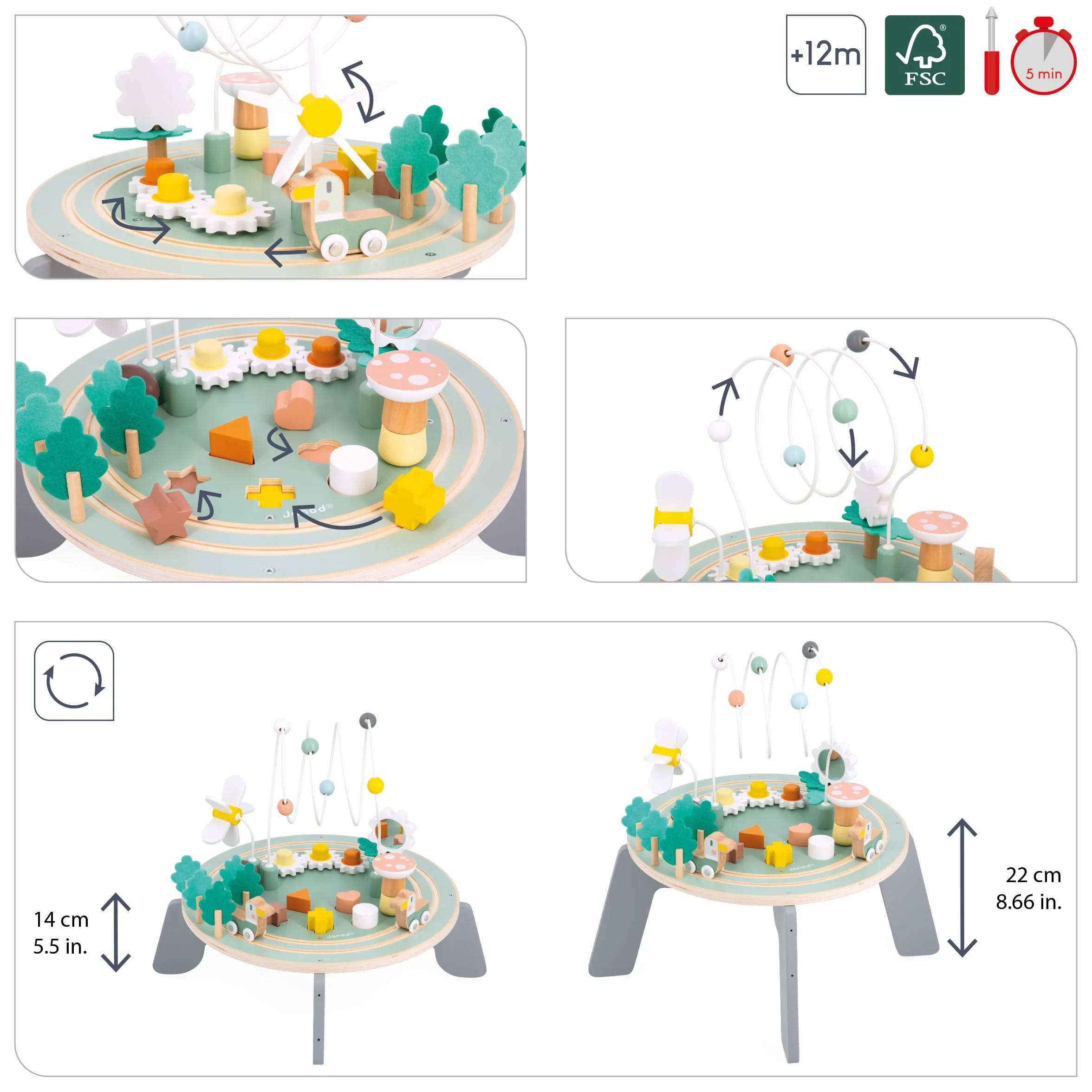 Janod - Mesa de Actividades de Madera Sweet Cocoon - 9 Actividades Infantiles - Juguete de Estímulo - Ejercita Motricidad Fina - Mesa de Madera FSC - Tema Jardín - A Partir de 12 Meses, J04045