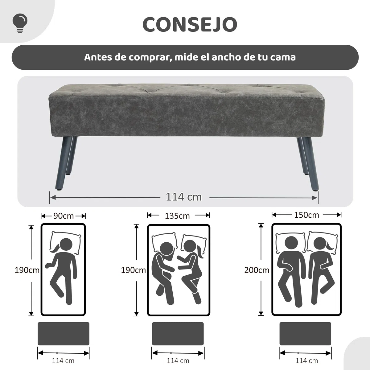 HOMCOM Taburete Pie de Cama Multifuncional Banco Pie de Cama Clásico Banqueta de Dormitorio con Pies de Madera y Asiento Acolchado Carga 220 kg para Entrada Pasillo 114x38x42 cm Gris