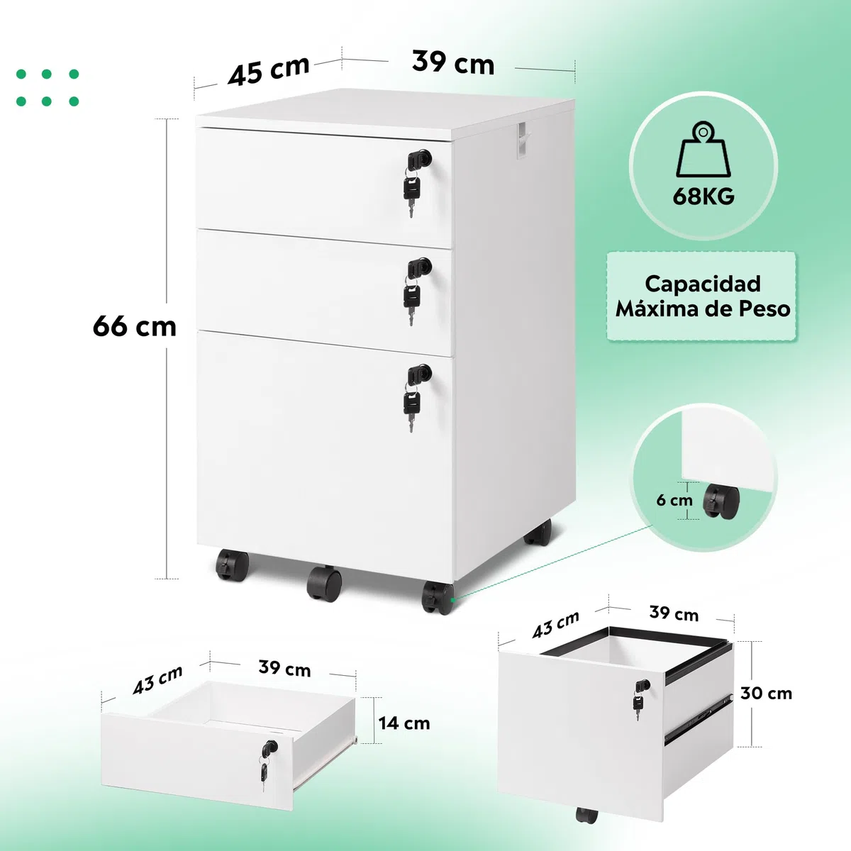 DEVAISE Archivador de 3 Cajones con Cerradura, Mueble Bajo Escritorio Sólido para Documentos A4/Legal/Carta,Blanco