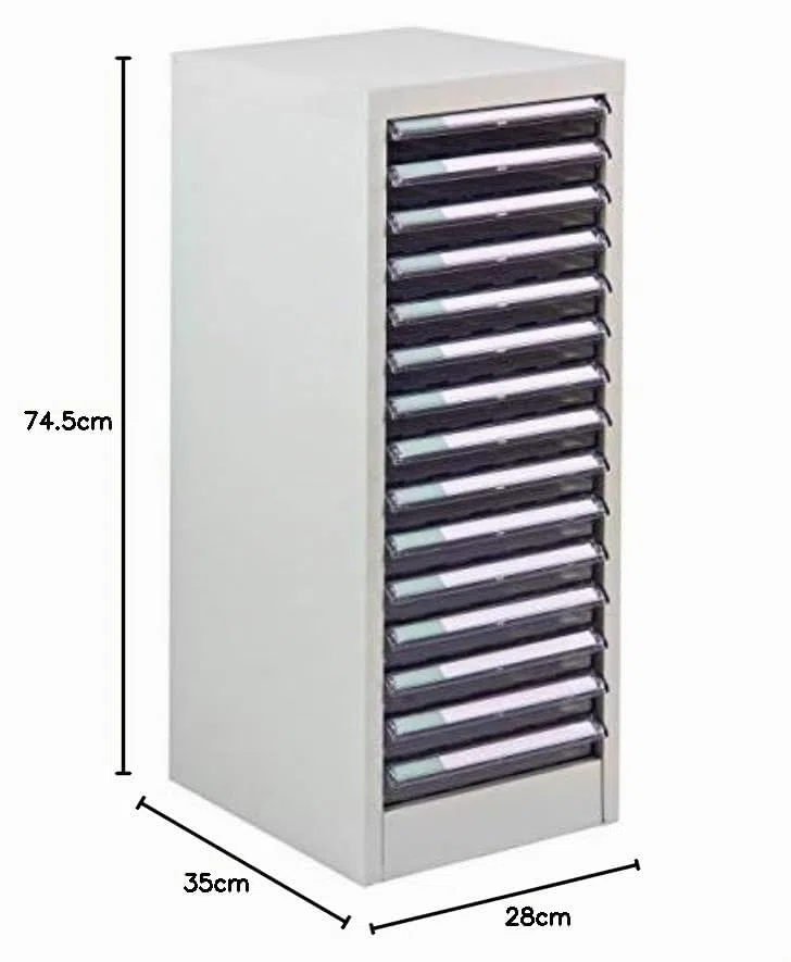 Cajonera de chapa de acero con 15 cajones de PVC, tamaño: 28 x 35 x 74,5 cm, para DIN A4, color gris claro RAL7035