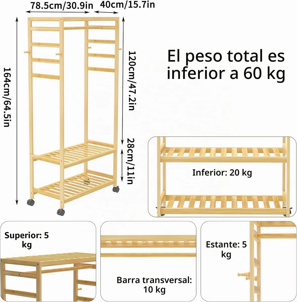 unho Armario Abierto con Ruedas, Perchero Burro de Madera Bambú Perchero de Pie con 2 Estantes y 4 Ganchos para Ropa Zapatos Bolsas para Dormitorio Entrada Salon 78 x 41 x 169 cm