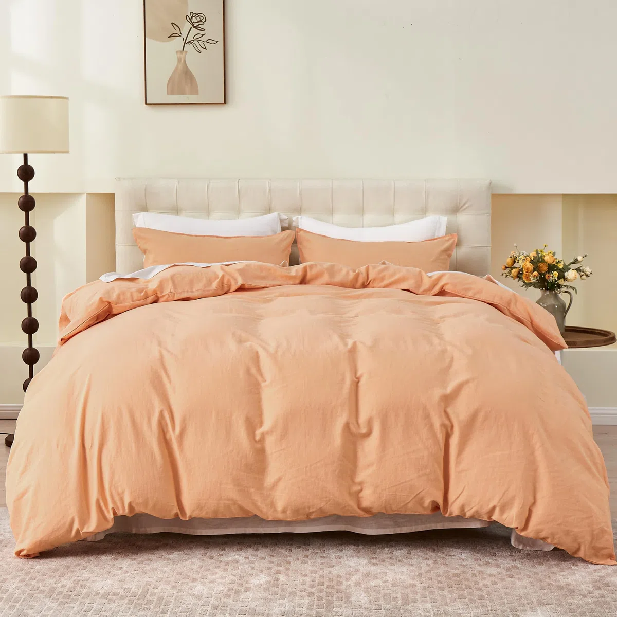 Simple&Opulence Funda Nordica 230x220 cm con Funda de Almohada 50x75cm -Juego de Funda Nordica Cama 135 de Lino y Algodón, Suave,Transpirable y Cómodo para Todo el Año,Melocotón