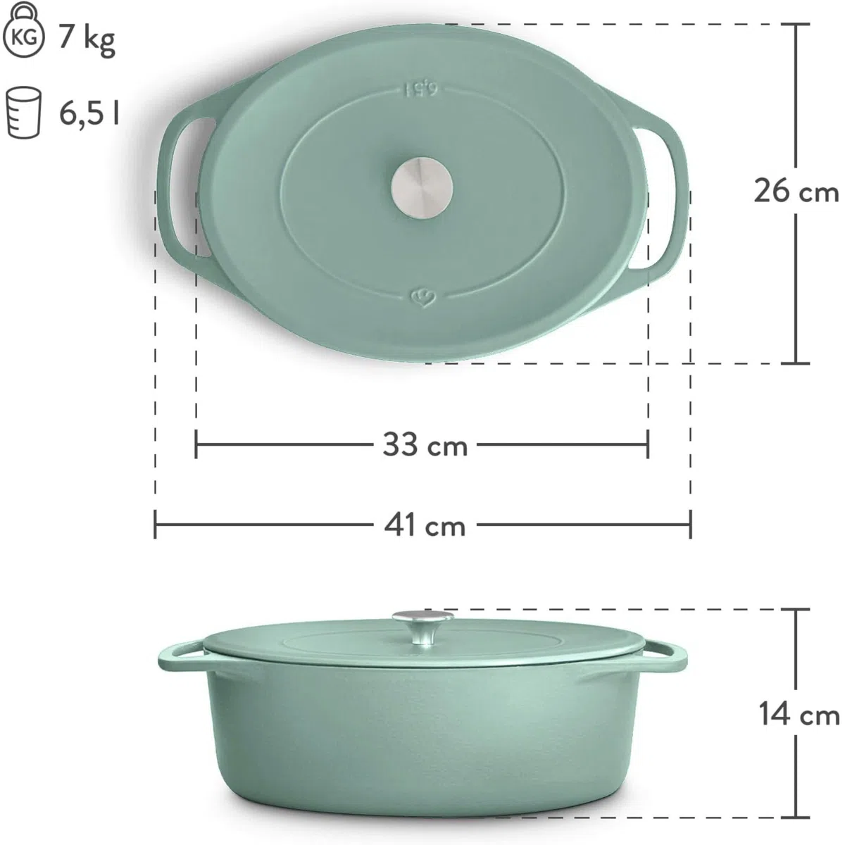 SPRINGLANE Cocotte - Cacerola ovalada con tapa, 33 cm, 6,5 L, hierro fundido, para inducción