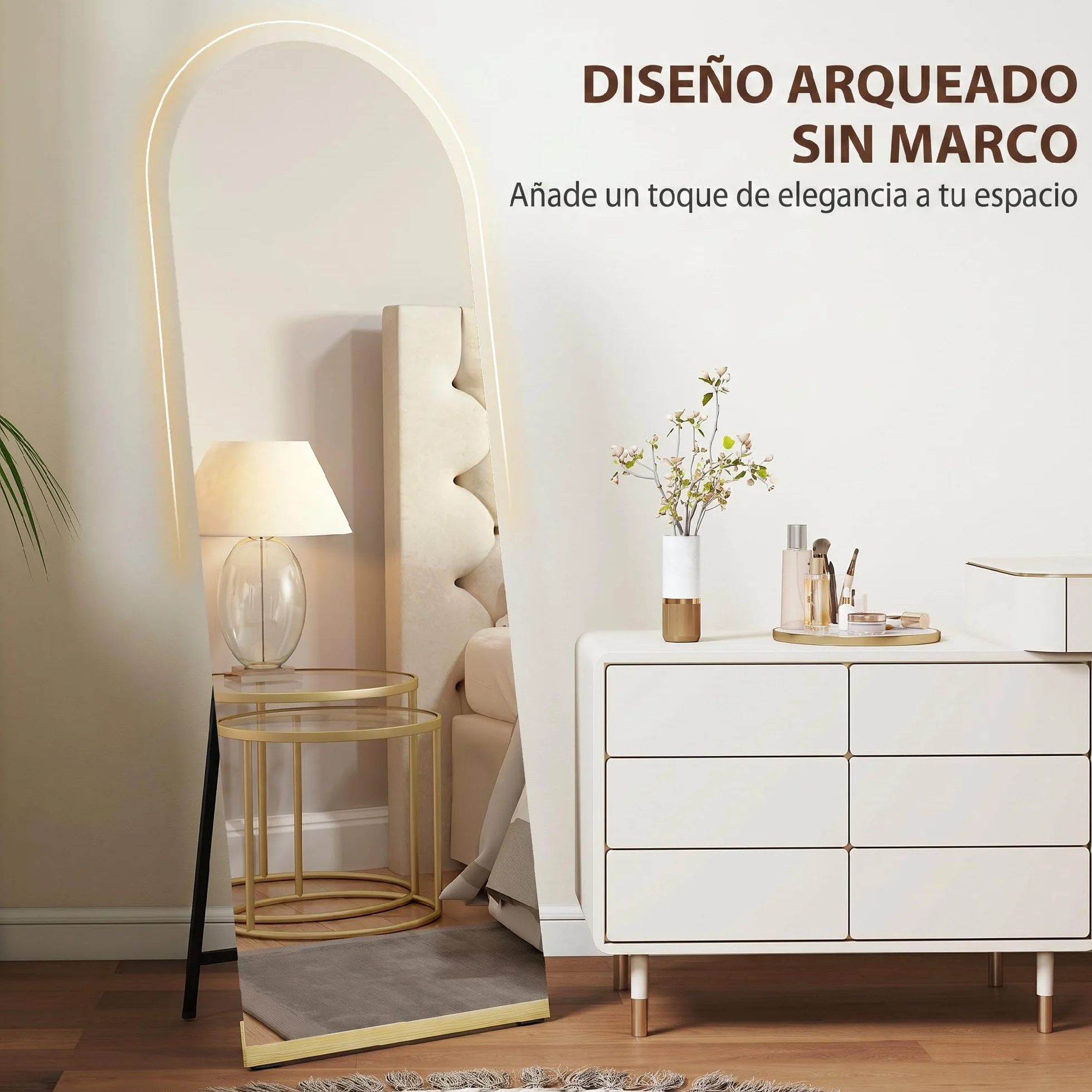 HOMCOM Espejo de Cuerpo Entero Curvado 160x50 cm, Espejo de Pie, sin Marco, Base de Madera, para Salón, Dormitorio, Pasillo, Entrada