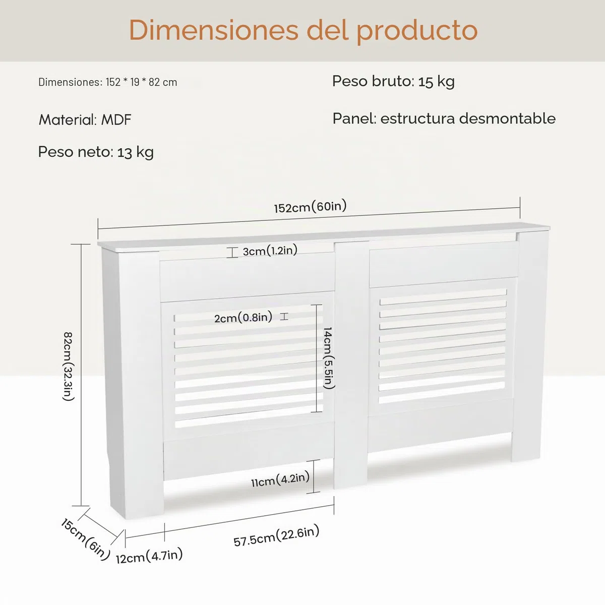 Buybyroom Buffets Altos, Cubierta Radiador, Cubierta Radiador Madera, Lattes Horizontales, para Salón, Dormitorio, Pasillo, 152 X 19 X 82 cm, MDF Blanco