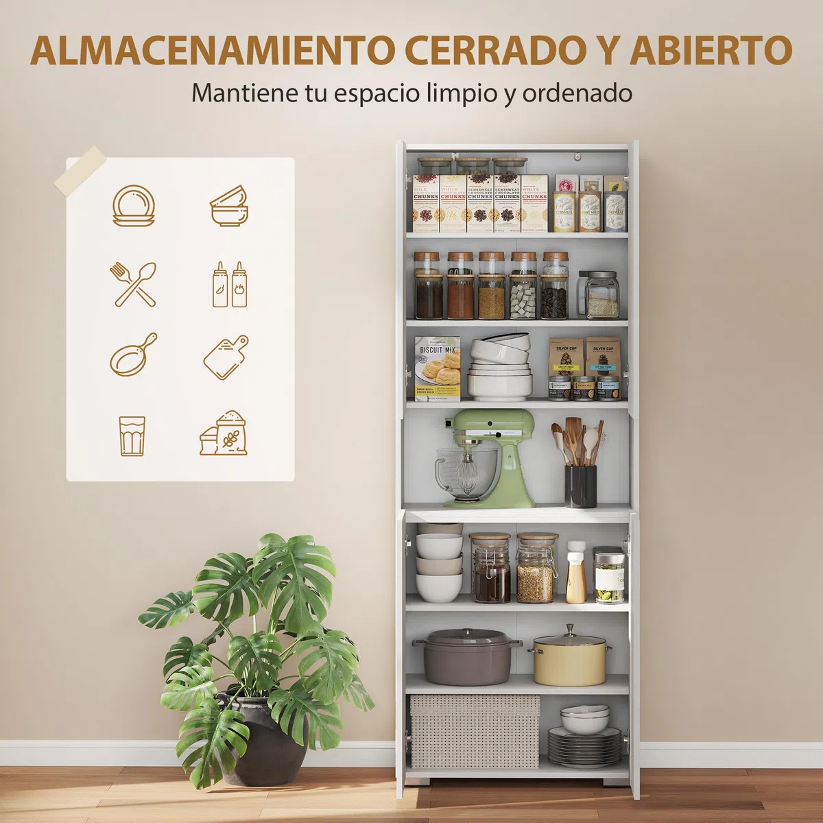 HOMCOM Alacena de Cocina, Mueble Auxiliar de Cocina de Blanco Brillo con 4 Puertas, Compartimento Abierto, Estantes Ajustables, 68x34x180 cm