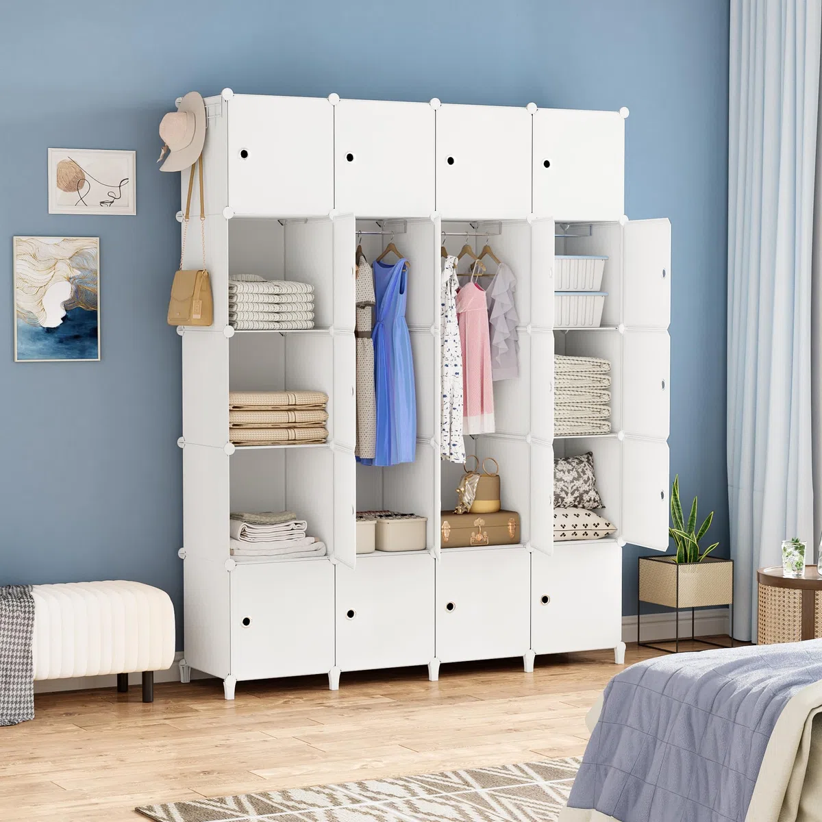 HOMIDEC Armario Modular, Guardarropa portátil de 20 Compartimentos para Dormitorio, Armario con Barra para Colgar Ropa, Compartimentos más Profundos Aptos para Perchas