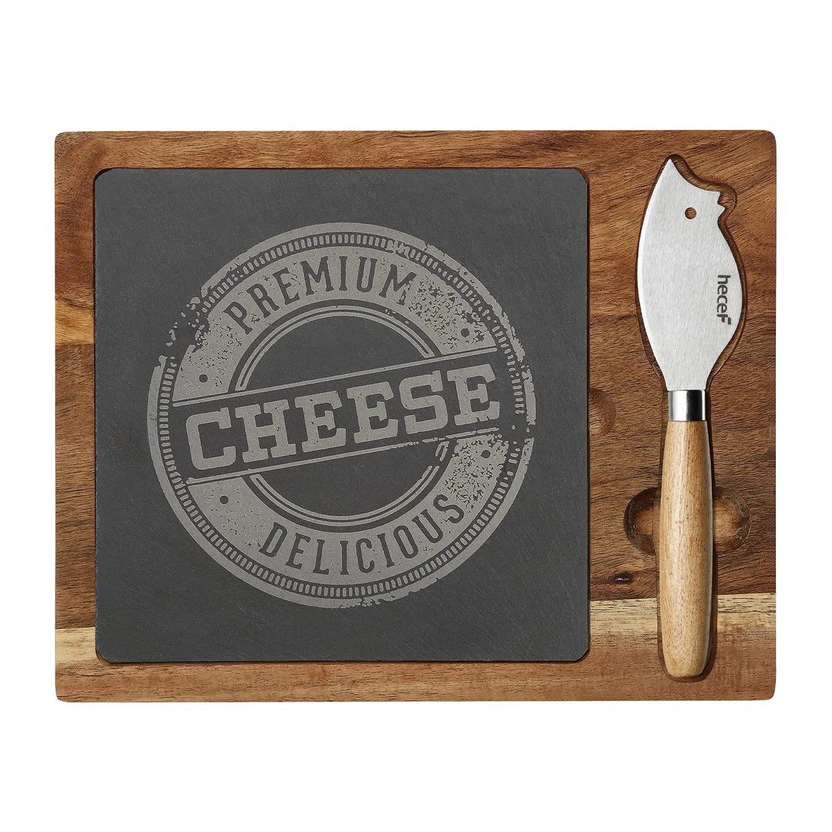 hecef Juego de Tabla de Queso de Madera Acacia con Tabla Negra y Cuchillo para Queso, Placa de Madera y Bandeja para Servir Queso, Galletas y Carne