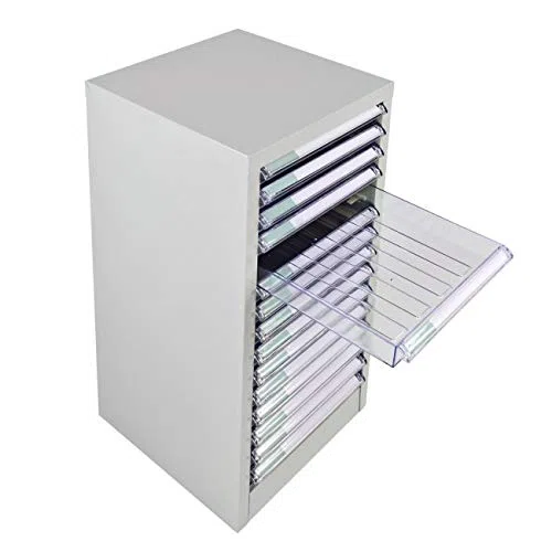 Cajonera de chapa de acero con 15 cajones de PVC, tamaño: 28 x 35 x 74,5 cm, para DIN A4, color gris claro RAL7035