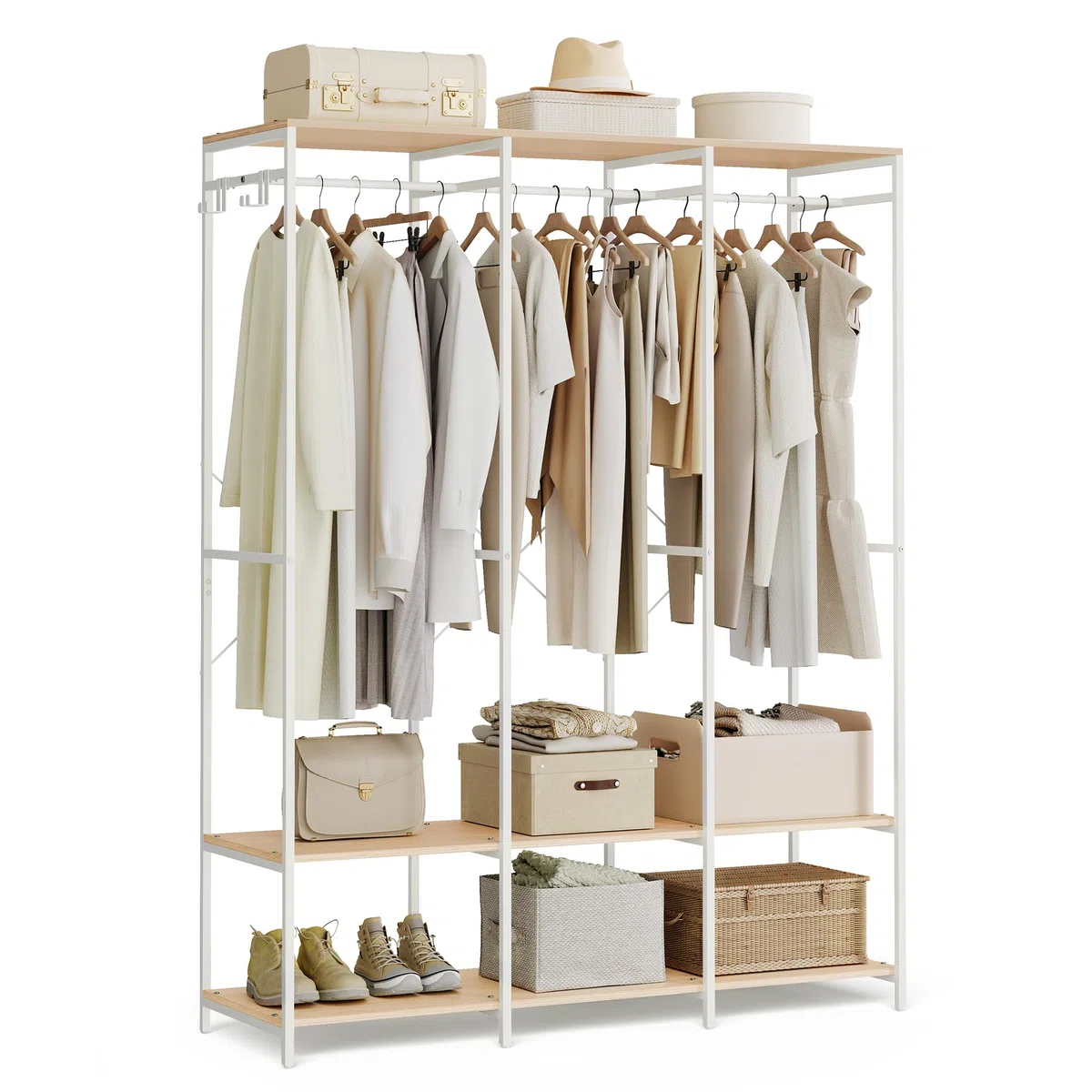 SONGMICS Armario de Ropa Portátil, Armario Plegable, Perchero, Organizador Armario, con Barras de Colgar, Estantes de Almacenamiento, Ganchos Extraíbles, 40 x 141 x 180 cm, Beige Natural RGR005W67