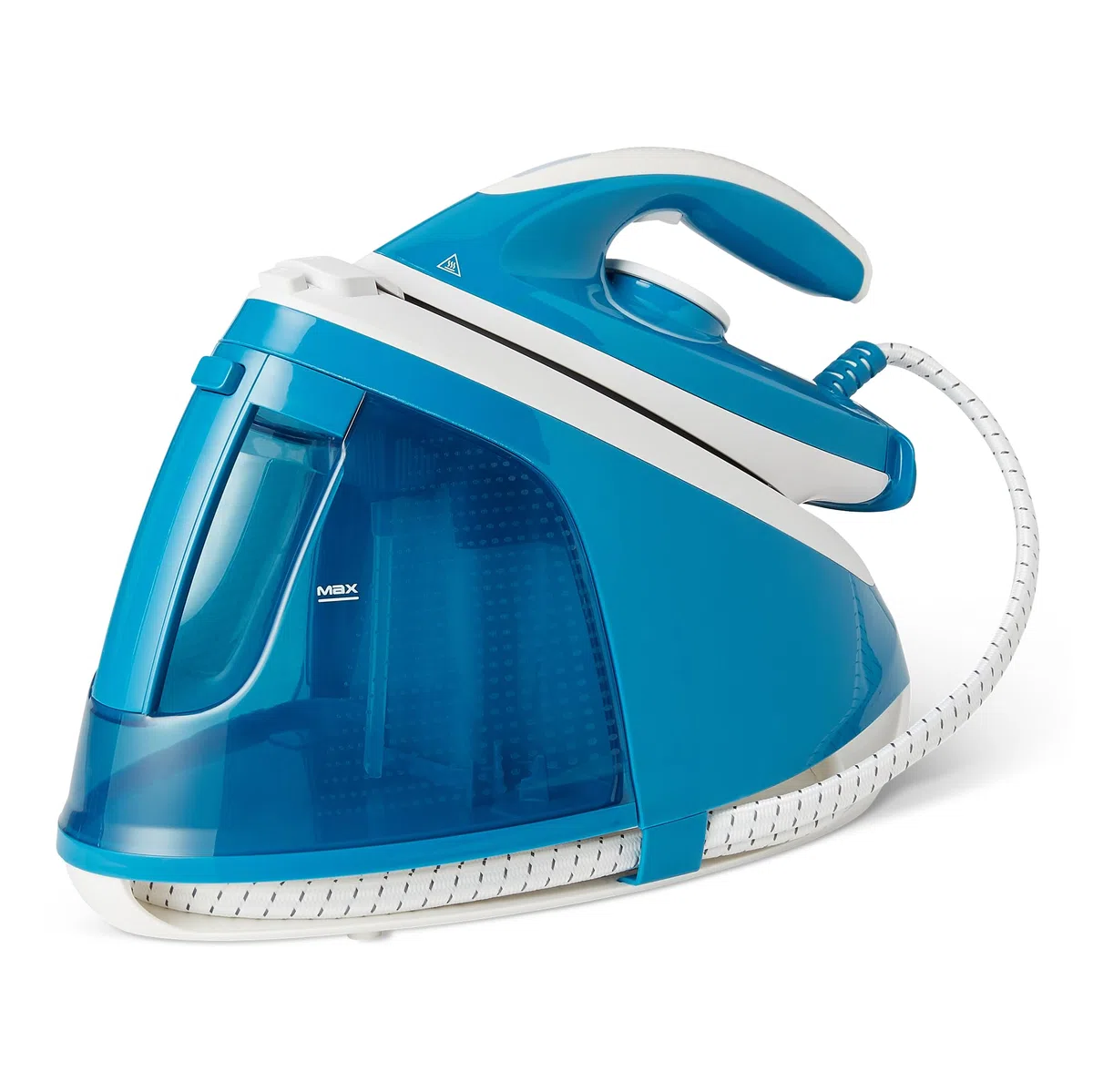 Amazon Basics Plancha con Generador de Vapor con Bomba de 6 Bares, Impulso de Vapor de 240g/min, Salida de Vapor de 120g/min, Depósito de 1,8 litros, 2400W, Blanca/Azul