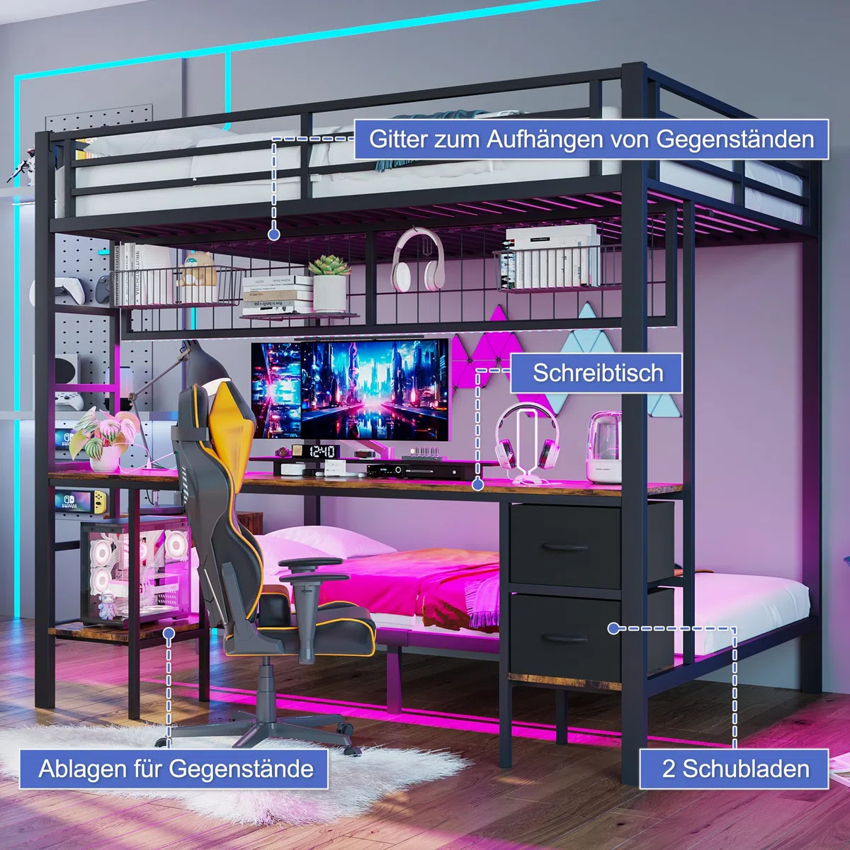 Cama alta con escritorio de 90 x 200 y 140 x 200 cm, litera con iluminación LED, conexiones USB, 2 cajones, estantes y estantes para colgar, estructura de cama de metal, sin colchón (negro)