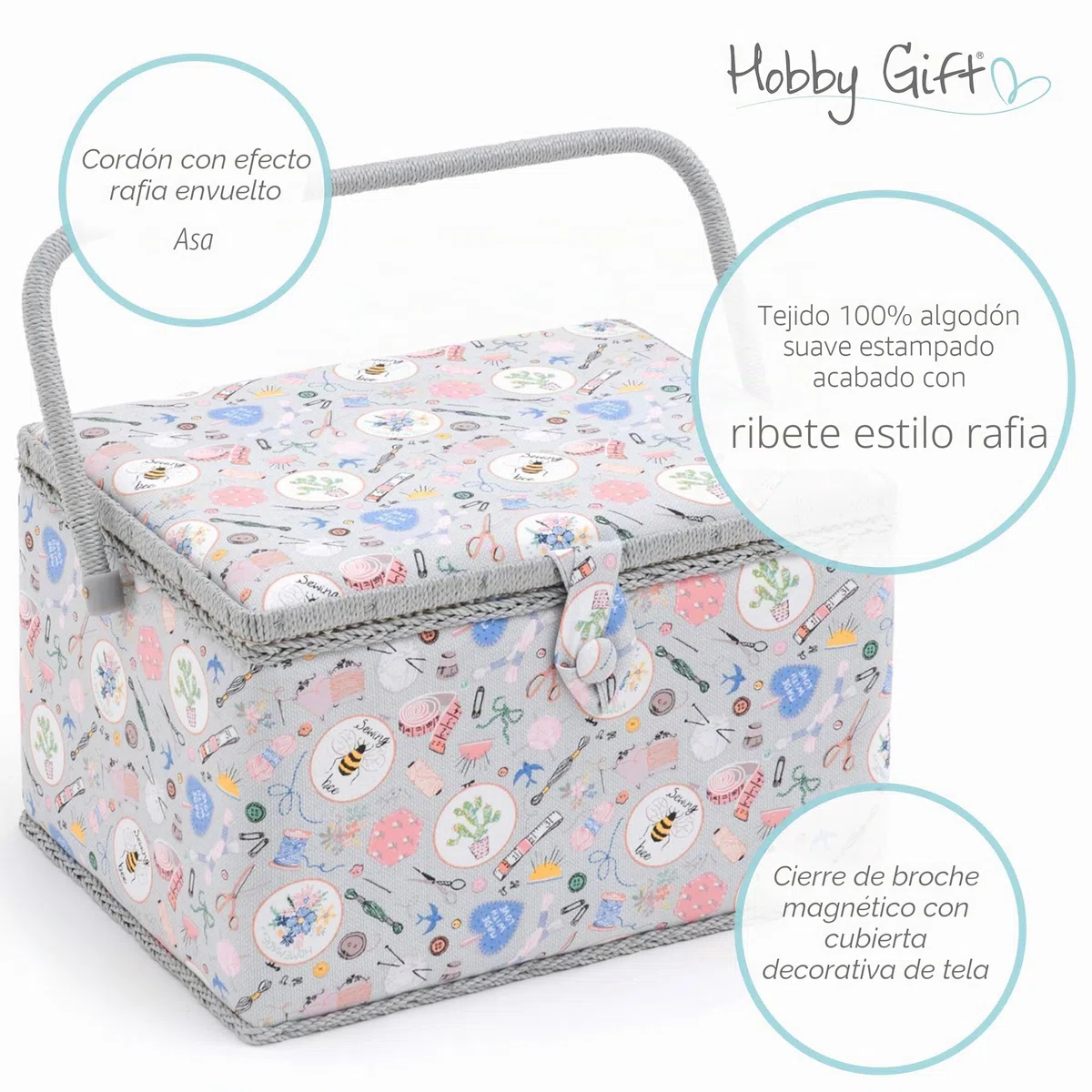 Hobby Gift Caja de Costura Grande con Asa, Cesta de Algodón para Almacenaje de Costura, Organizador con Compartimentos, 23,5 x 31 x 20 cm, Hecho en casa