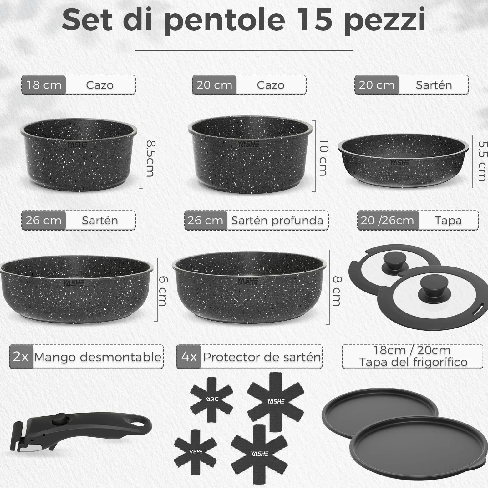 YASHE Juego de ollas y sartenes 15 piezas, revestimiento antiadherente granito, mangos desmontables, apilable, fácil de limpiar, compatible con inducción, gas y vitrocerámica, Blanco