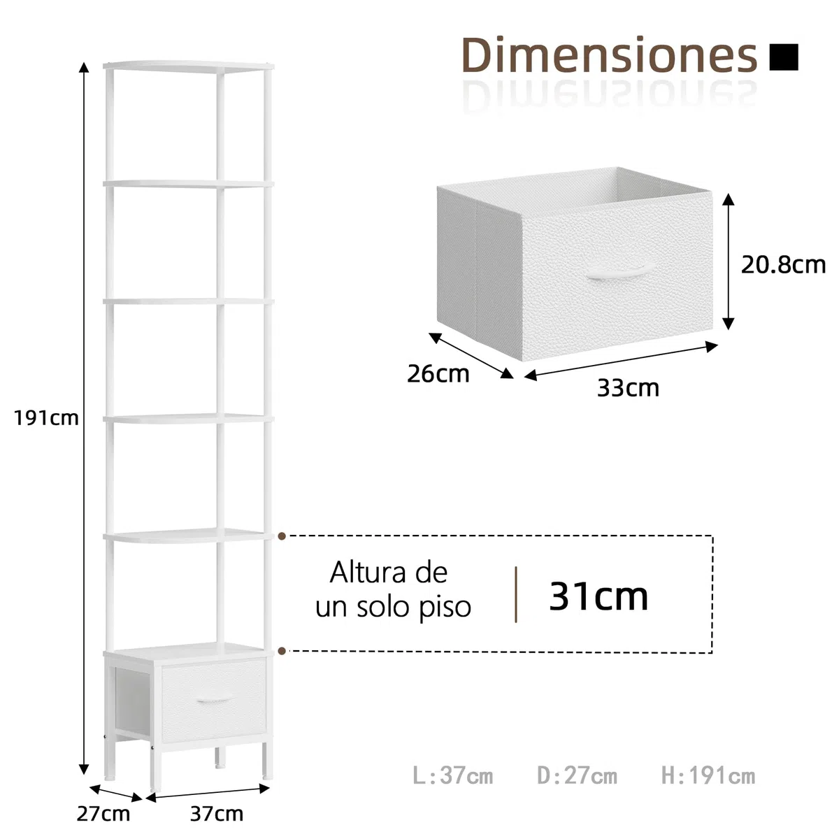 Librería de Esquina con Cajón y Luz LED, Estantería Alta de 6 Baldas (191 cm), Estrecha para Salón o Dormitorio, Cajón de Tela, Blanco