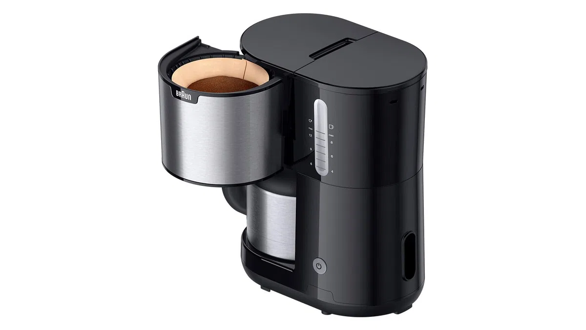 Braun PurShine KF1505 BK Cafetera de filtro, jarra térmica de acero inoxidable de 1,2 l para hasta 9 tazas, sistema OptiBrew, función antigoteo, cesta de filtro giratoria, apagado automático, 1000 W,