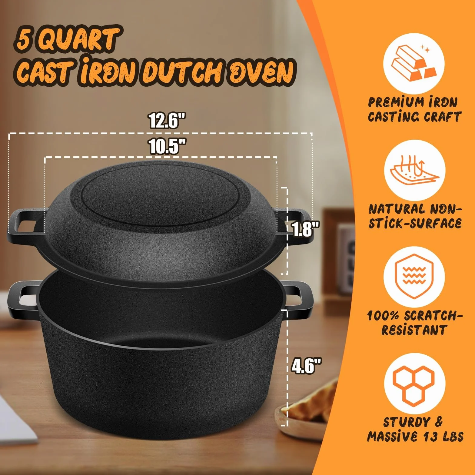Olla de hierro fundido para hornear pan, cazuela hierro fundido Banneton pan de masa fermentada cesta de prueba de pan de pan de masa fermentada de hornear Suministros, 2 en 1 olla cast iron 4.7L