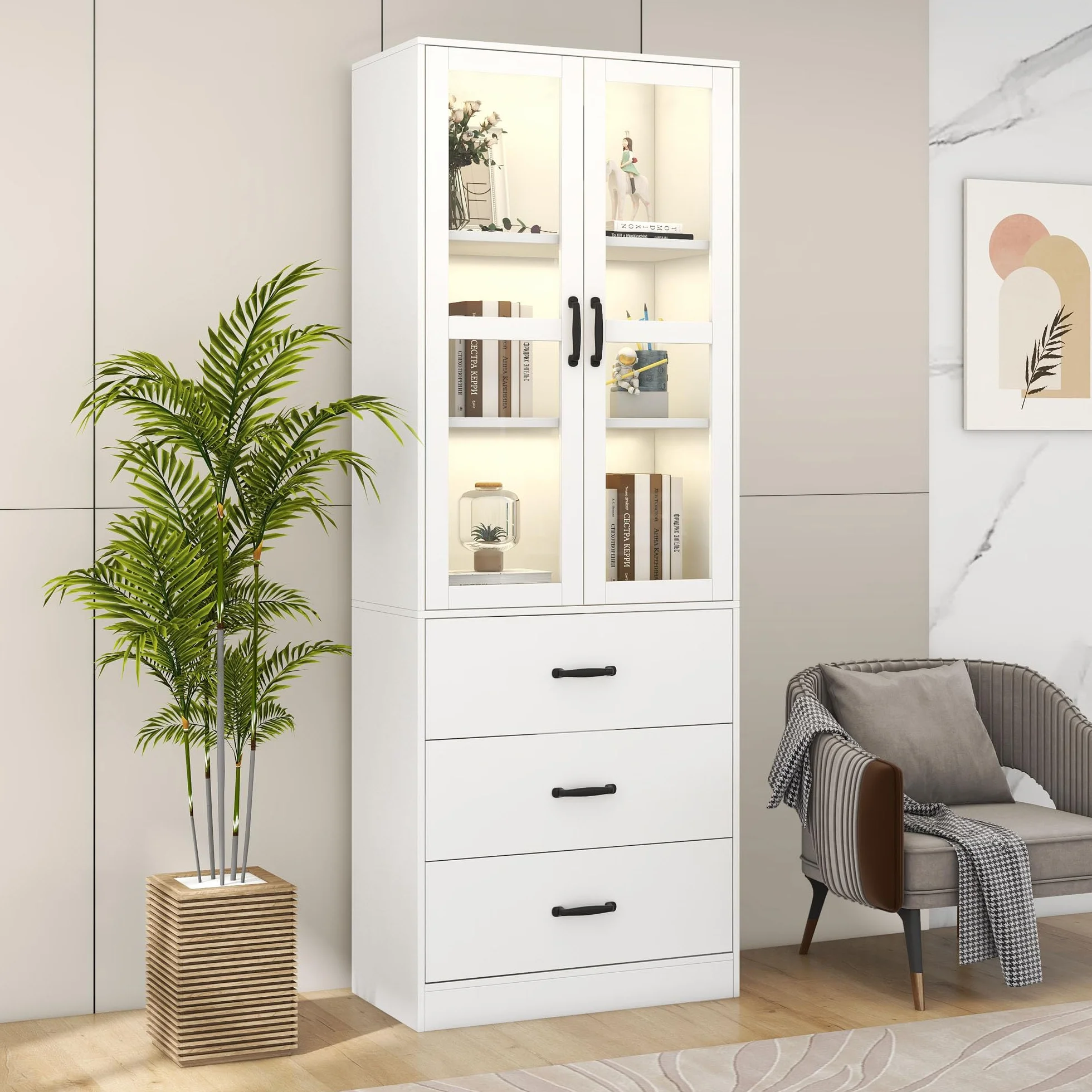 Vitrina blanca 200 cm, 3 cajones, 2 divisores móviles, 2 puertas de cristal, iluminación LED - adición elegante