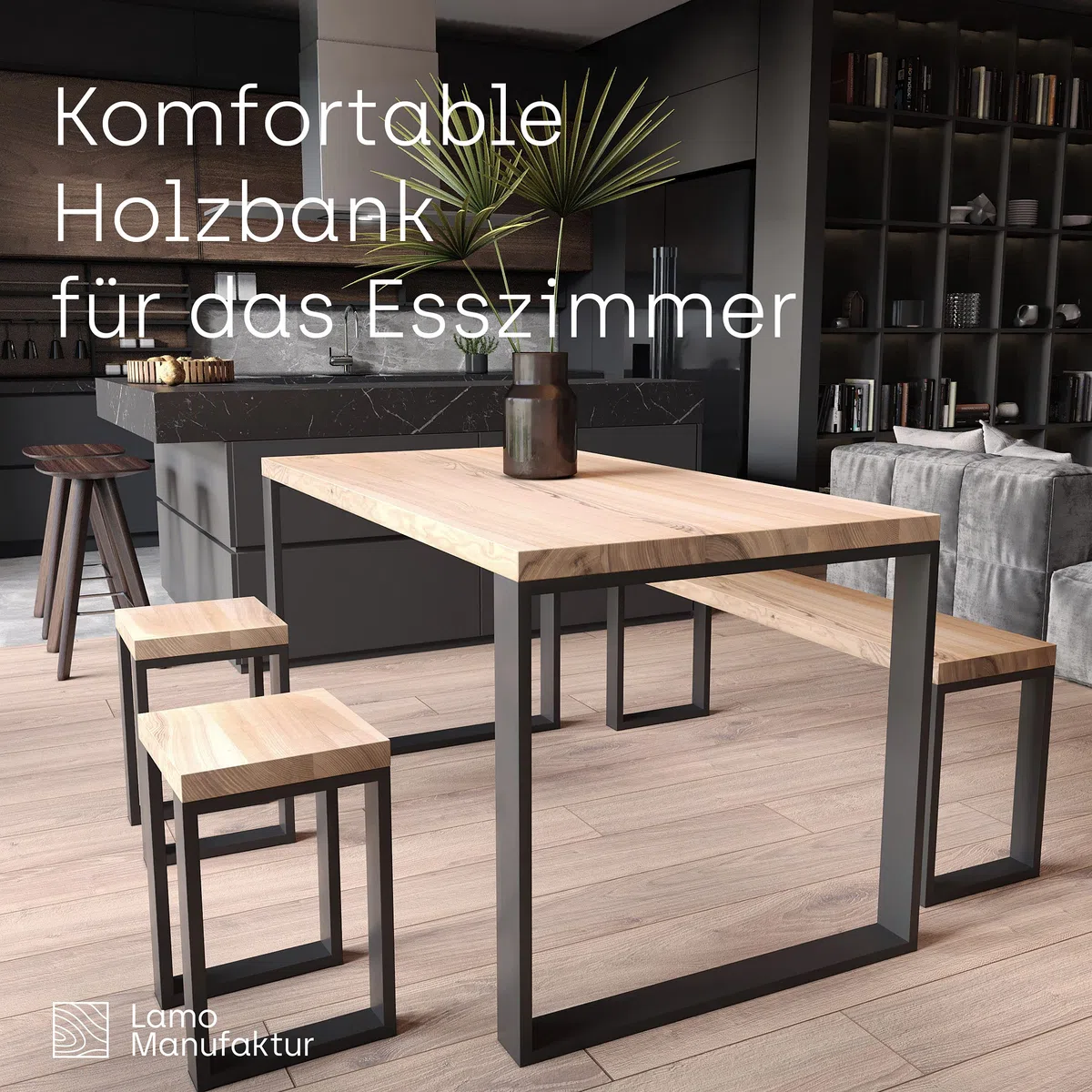 LAMO Manufaktur Banco para Mesa de Comedor 30x100x47 cm (Ancho x Largo x Alto), Patas para Muebles Modelo Simple Gris/Asiento Natural, LSB-01-A-002-100-7016S