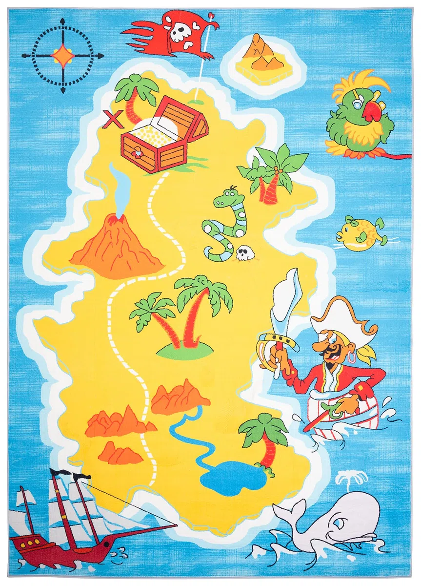 TAPISO Flannel Alfombra Antideslizante Lavable Diseño Moderno Barco Pirata Isla del Tesoro Azul Amarillo Alfombra Infantil para Niños Alfombra de Juegos Oeko-Tex 140 x 200 cm