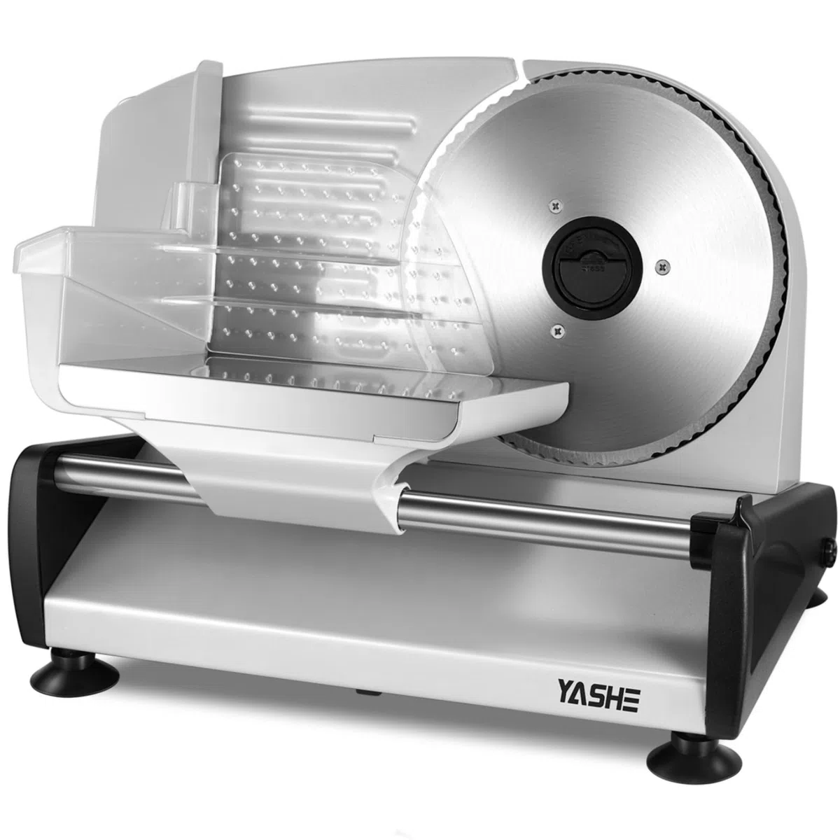 YASHE Cortadora De Fiambre, 150W Cortafiambres Para Carne Y Pan Con Cuchilla De Acero Inoxidable Removible 19cm, Grosor Ajustable 0–15mm, Bloqueo De Seguridad, Patas Ventosa Para Carne, Queso Y Pan