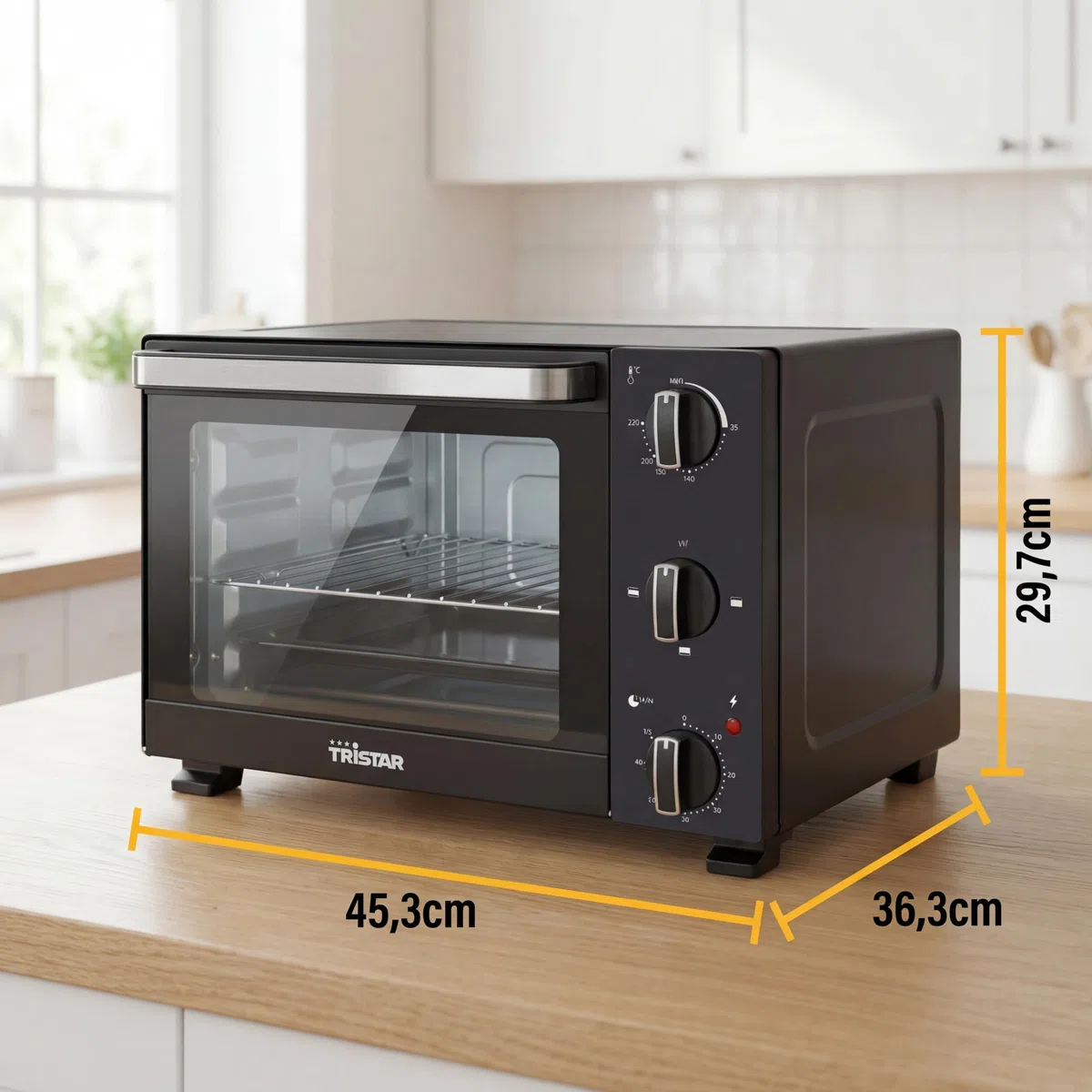 Tristar Horno Mini 20 L, 1300 W, Calor Superior e Inferior, Termostato Ajustable, Temporizador 60 Minutos, Puerta Doble Cristal, Bandeja y Rejilla, OV-3650