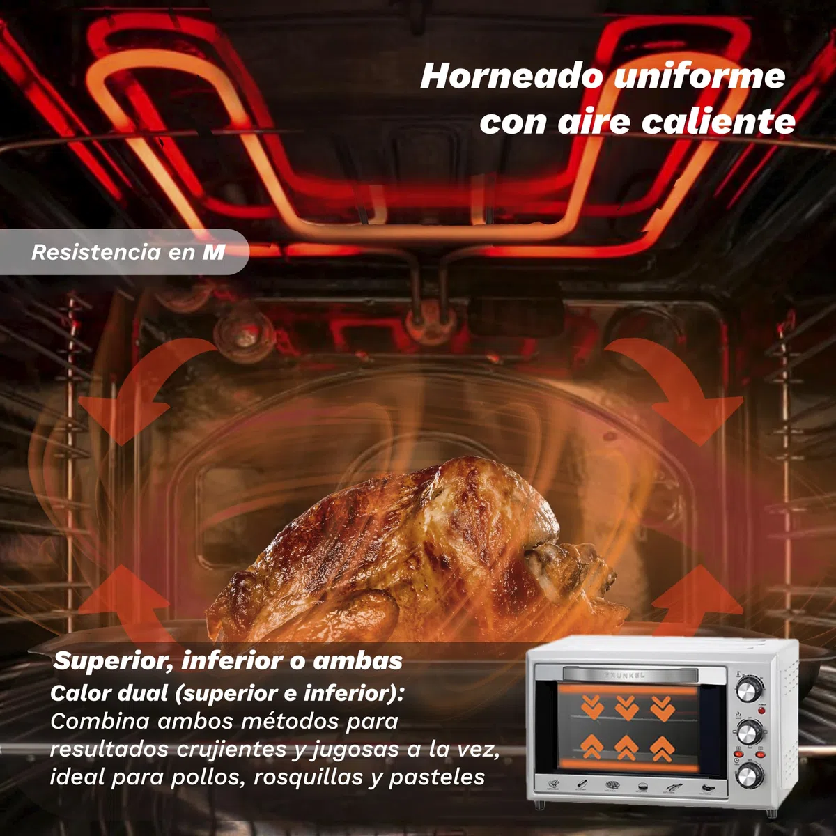 Grunkel Horno eléctrico multifunción de sobremesa de 28L con 3 funciones de calor y selector de temperatura hasta 230ºC. Temporizador hasta 60 min - 1600W