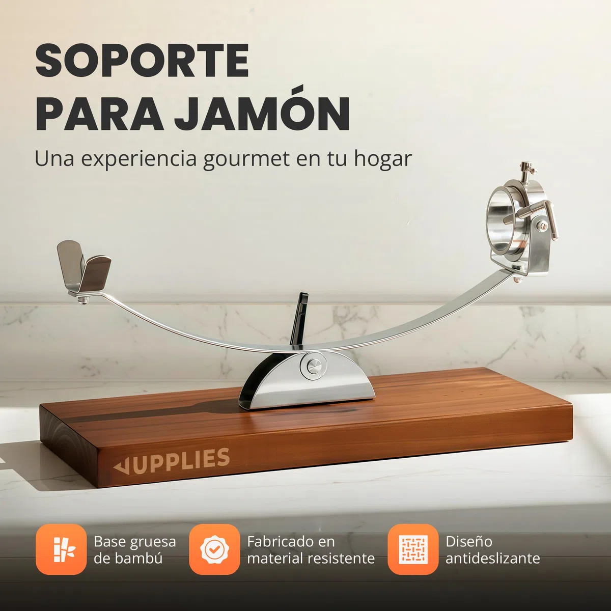 JUPPLIES Jamonero Acero Inoxidable con Base de Bambú + Cuchillo 240mm + Afilador y Cubre Jamón | Soporte Jamonero Vertical Basculante, Rotatorio y Antideslizante | Tabla de Jamón Profesional