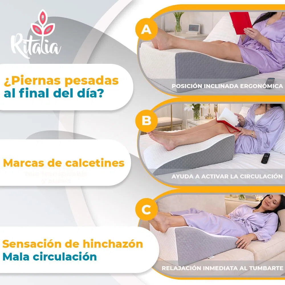 Ritalia COJÍN CUÑA PIERNAS Almohada ortopédica para elevar piernas | Cojín Elevador de piernas en Memory Foam | Funda Transpirable Lavable