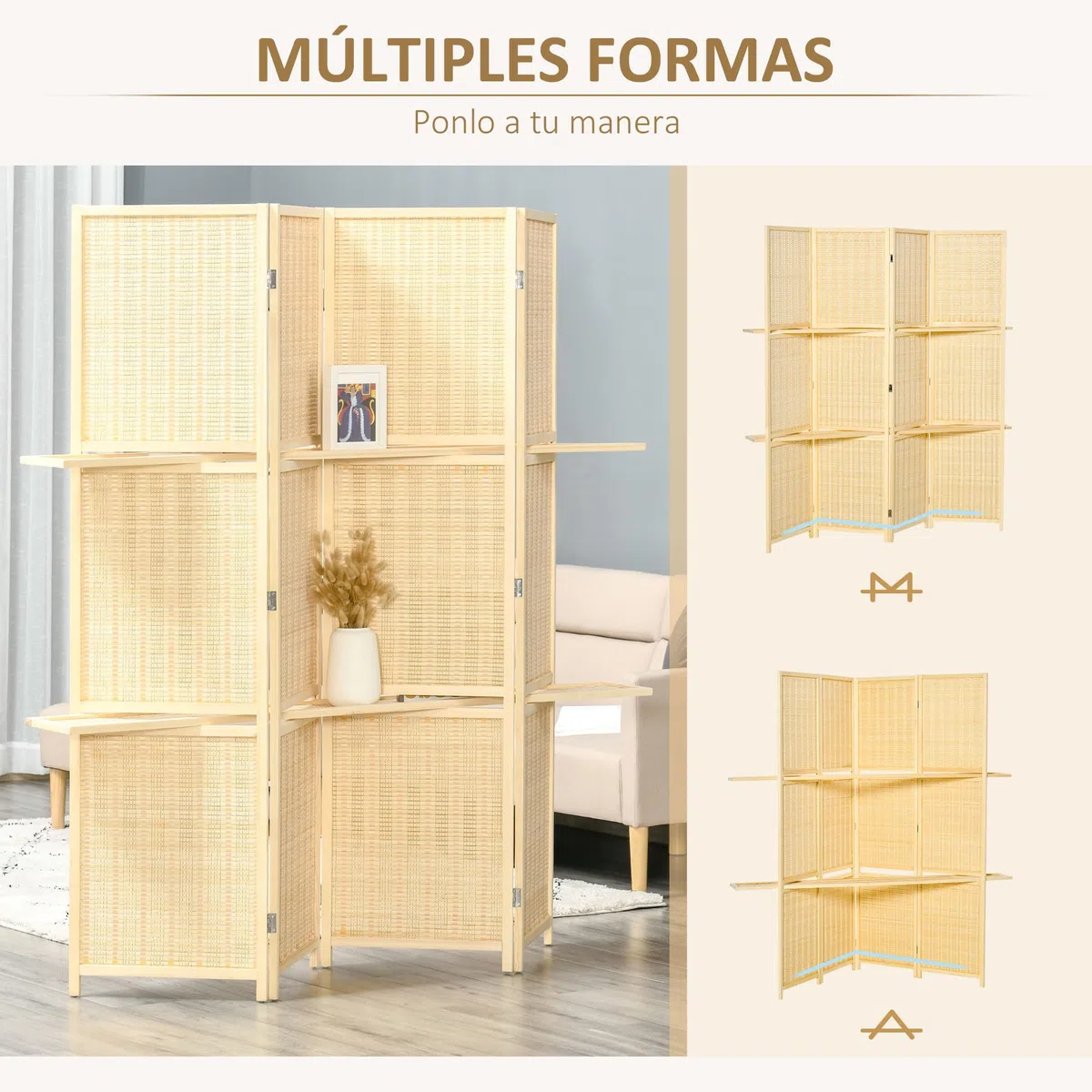 HOMCOM Biombo de 4 Piezas de Bambú Biombo Separador de Ambientes Plegable con 2 Estantes Extraíbles Divisor de Habitaciones Dormitorio 180x180 cm Natural