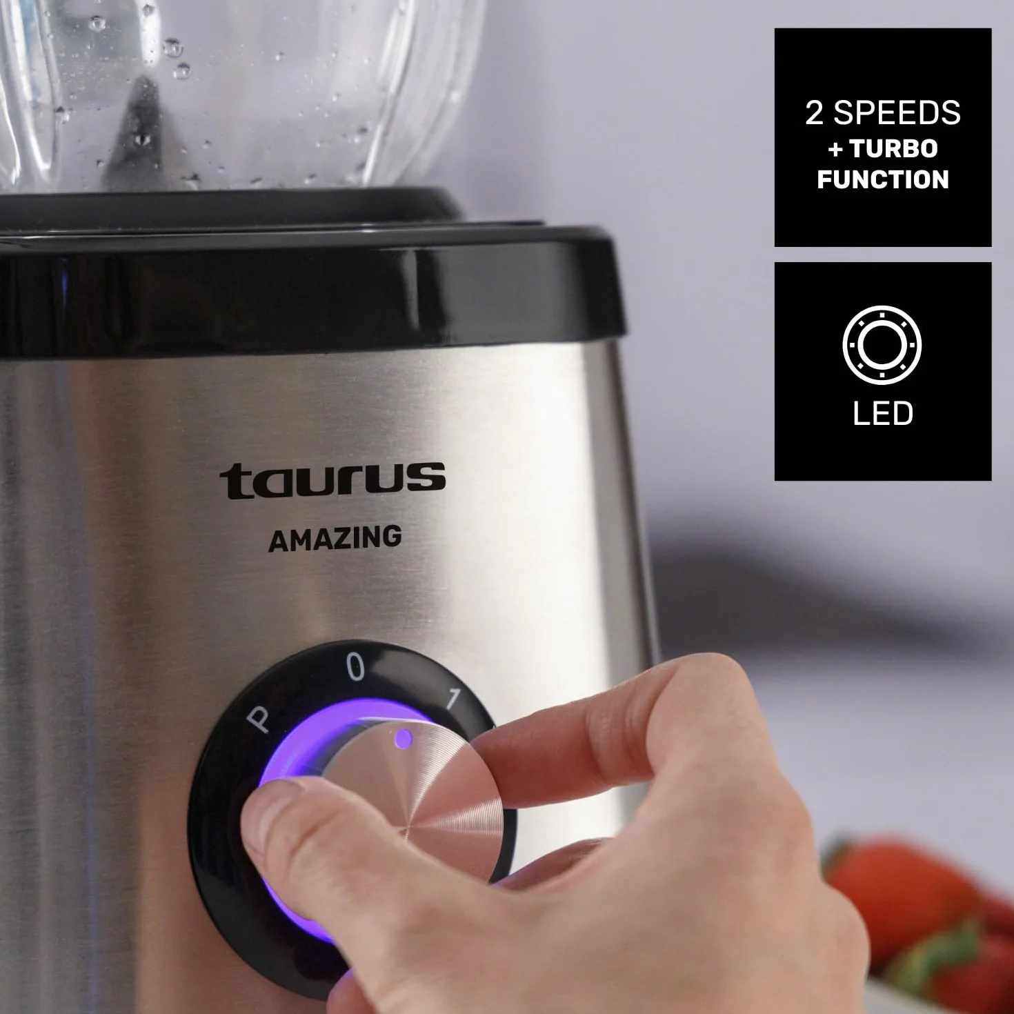 Taurus Amazing - Batidora de Vaso JB1502XC, 1500W, Jarra de Cristal 1.5L, 2 Velocidades + Turbo, 4 Cuchillas Inox, Pica Hielo, Seguridad Integrada, Apta Lavavajillas, Gris y Negro