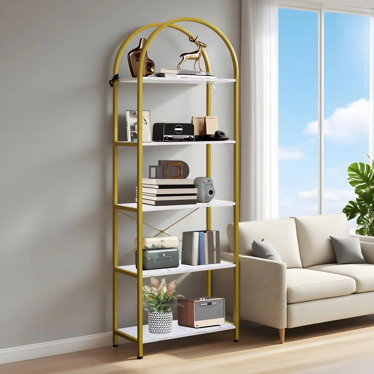 Zstar Estantería Arqueada De 5 Niveles, Estantería Alta con Estructura De Metal, Moderna Estantería Abierta para Dormitorio, Sala De Estar y Oficina En Casa.