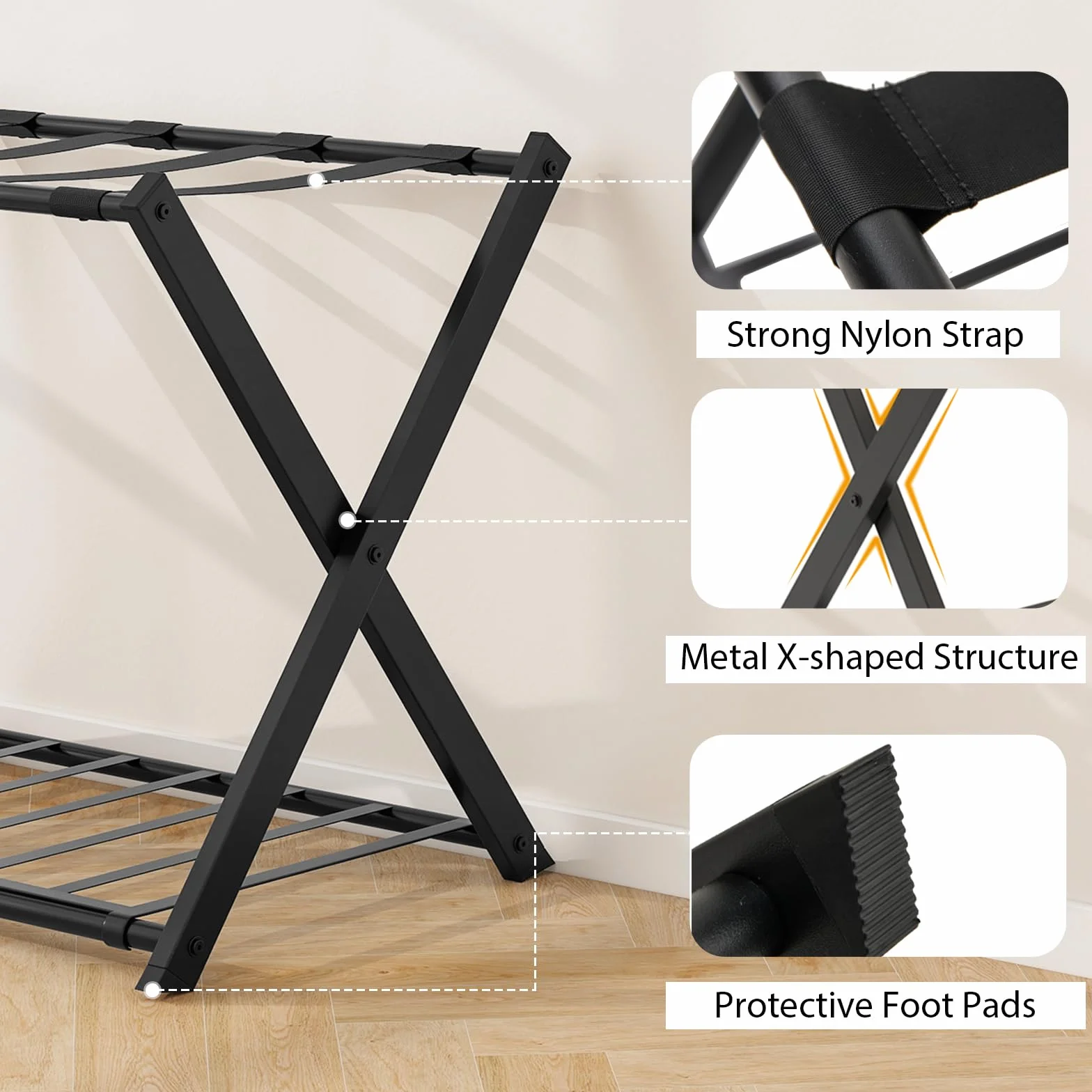 GIANTEX Portaequipajes Plegable simple, Portaequipajes de Metal para Ahorro de Espacio, Utilizar en Habitaciones, Hoteles, 68 x 43 x 58 cm (Negro)